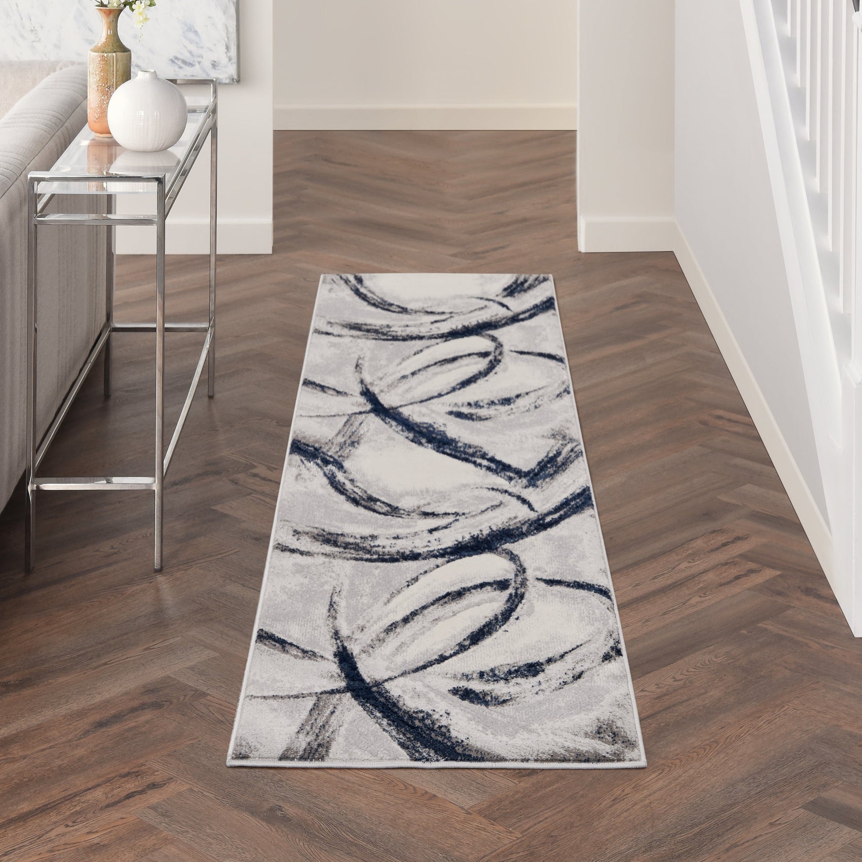 Nourison Brushstrokes BSK02 Grey/Navy Blue Runner Rug