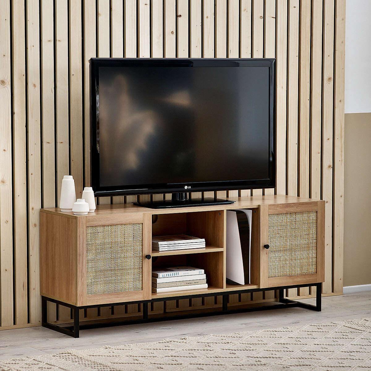 Clermont Oak Wood & Rattan TV Unit