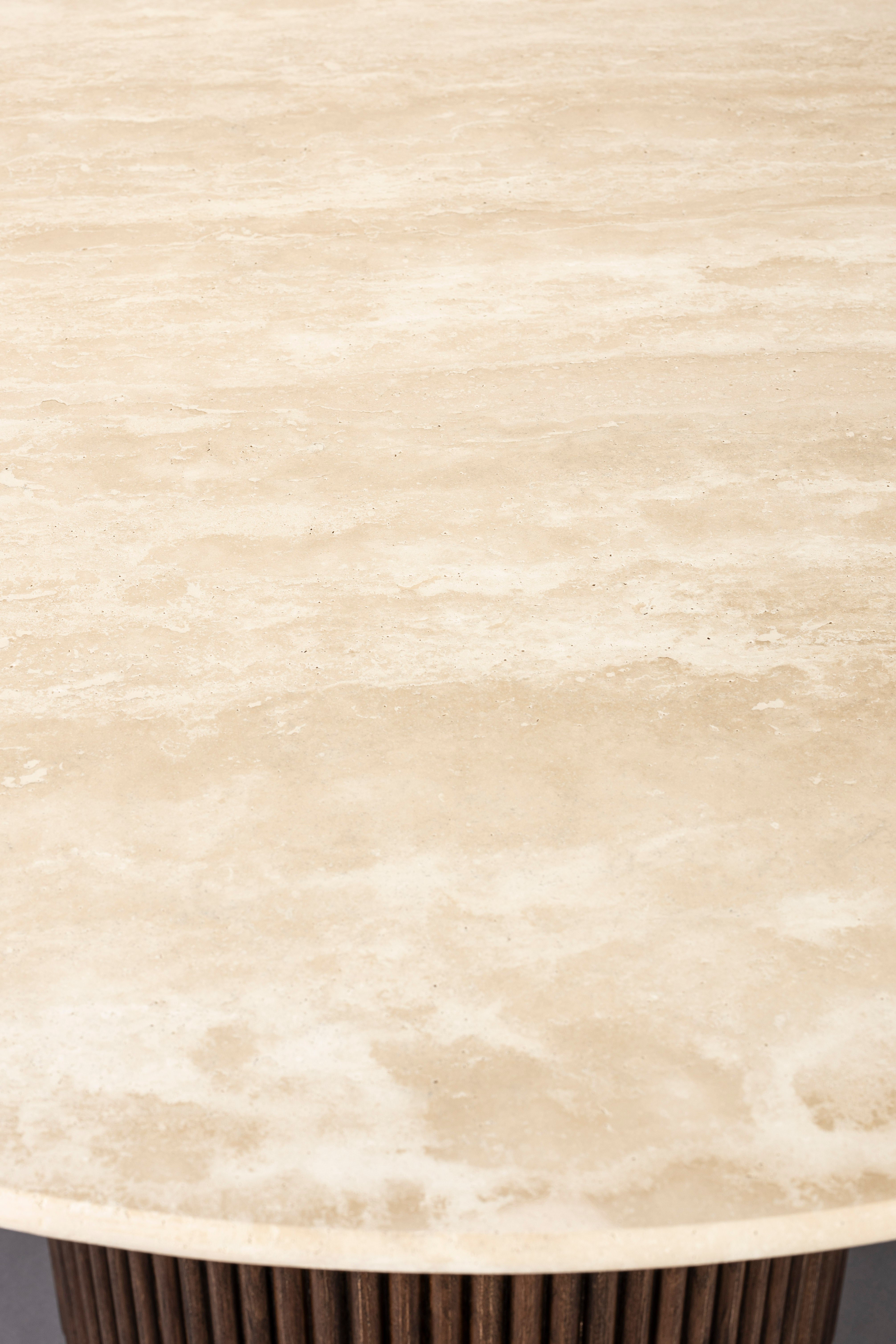 Dutchbone Arda Ribbed Brown Wood & Travertine Round Dining Table