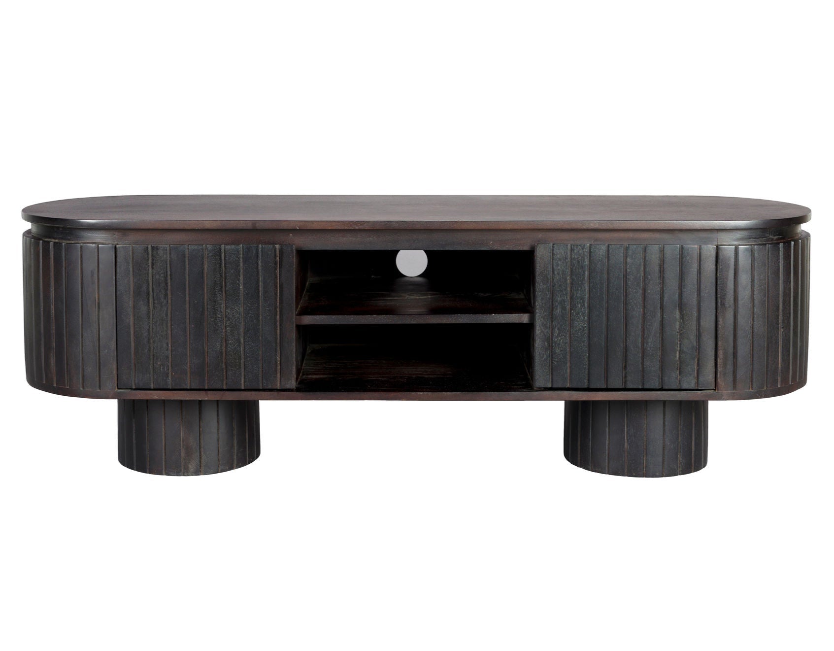 Dutchbone Kenji Slatted Dark Brown Rustic Wood Oval TV Unit