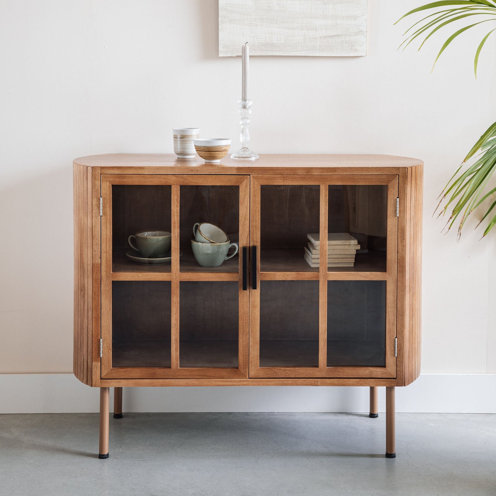 Yaz Slatted Natural Wood & Glass Sideboard