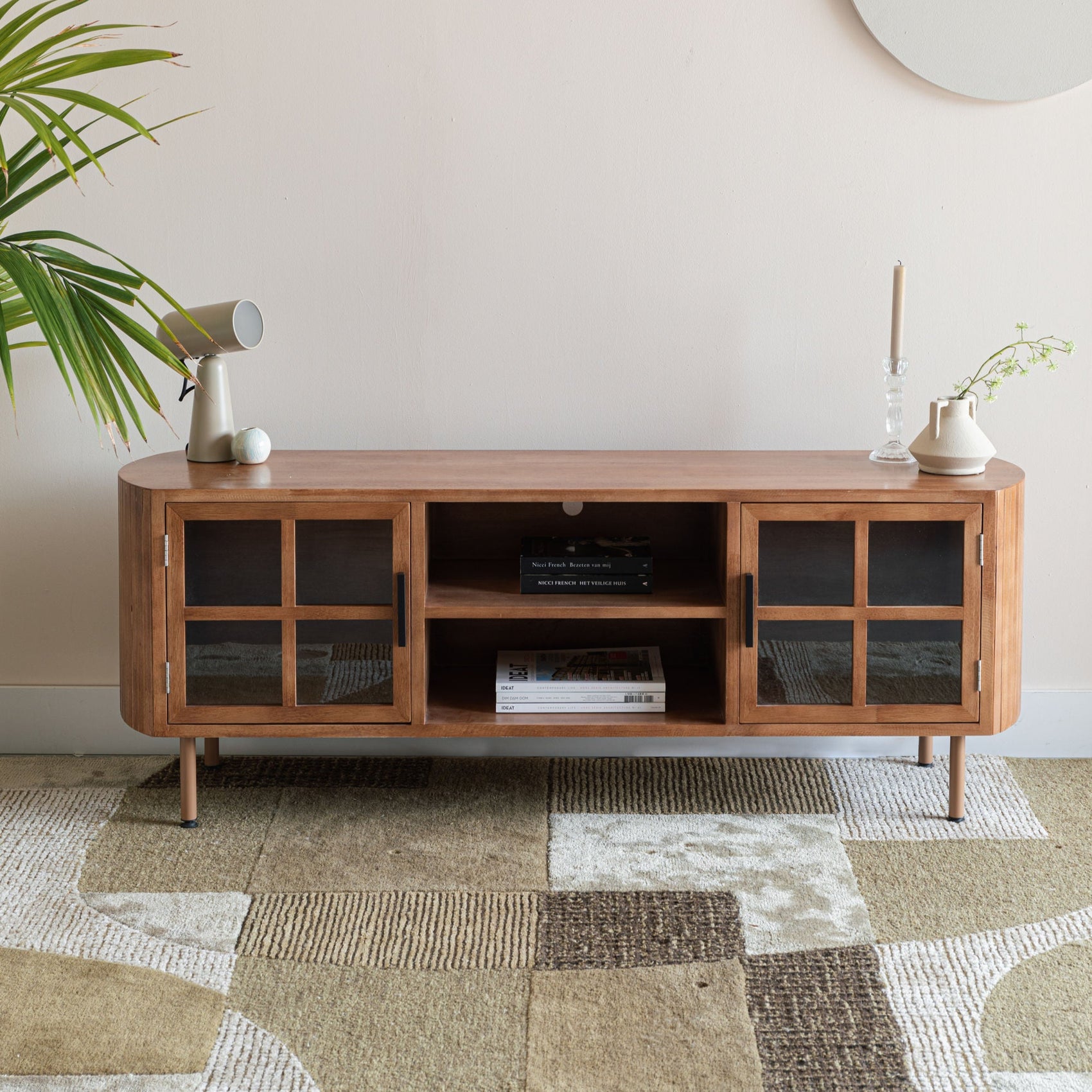 Yaz Slatted Natural Wood & Glass TV Unit