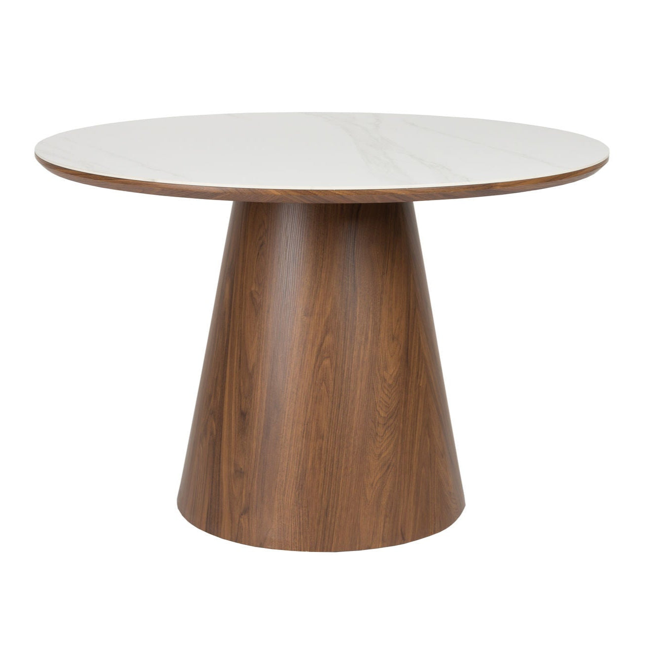 Almira Walnut Brown Oak Wood & White Marble Round Dining Table