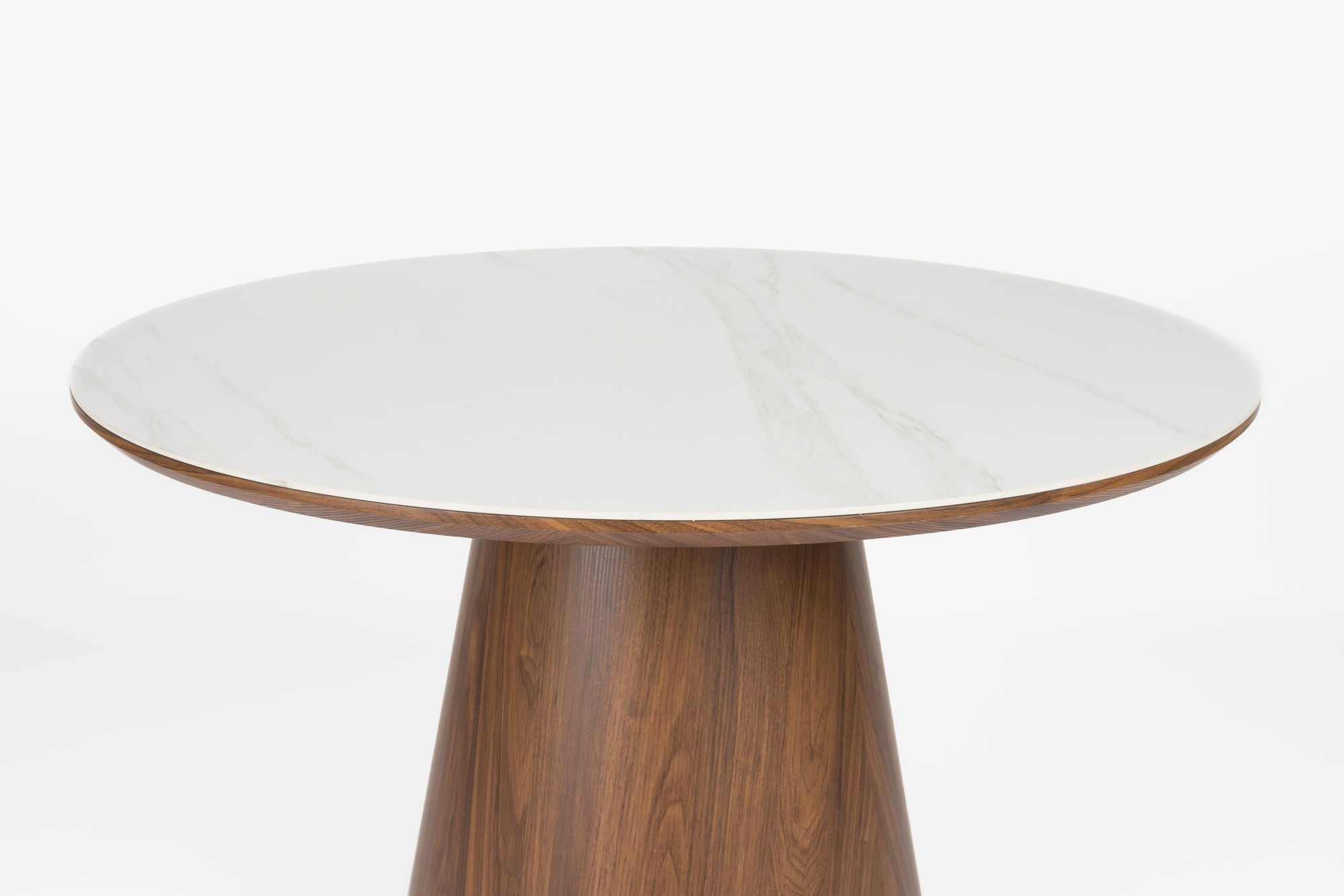 Almira Walnut Brown Oak Wood & White Marble Round Dining Table