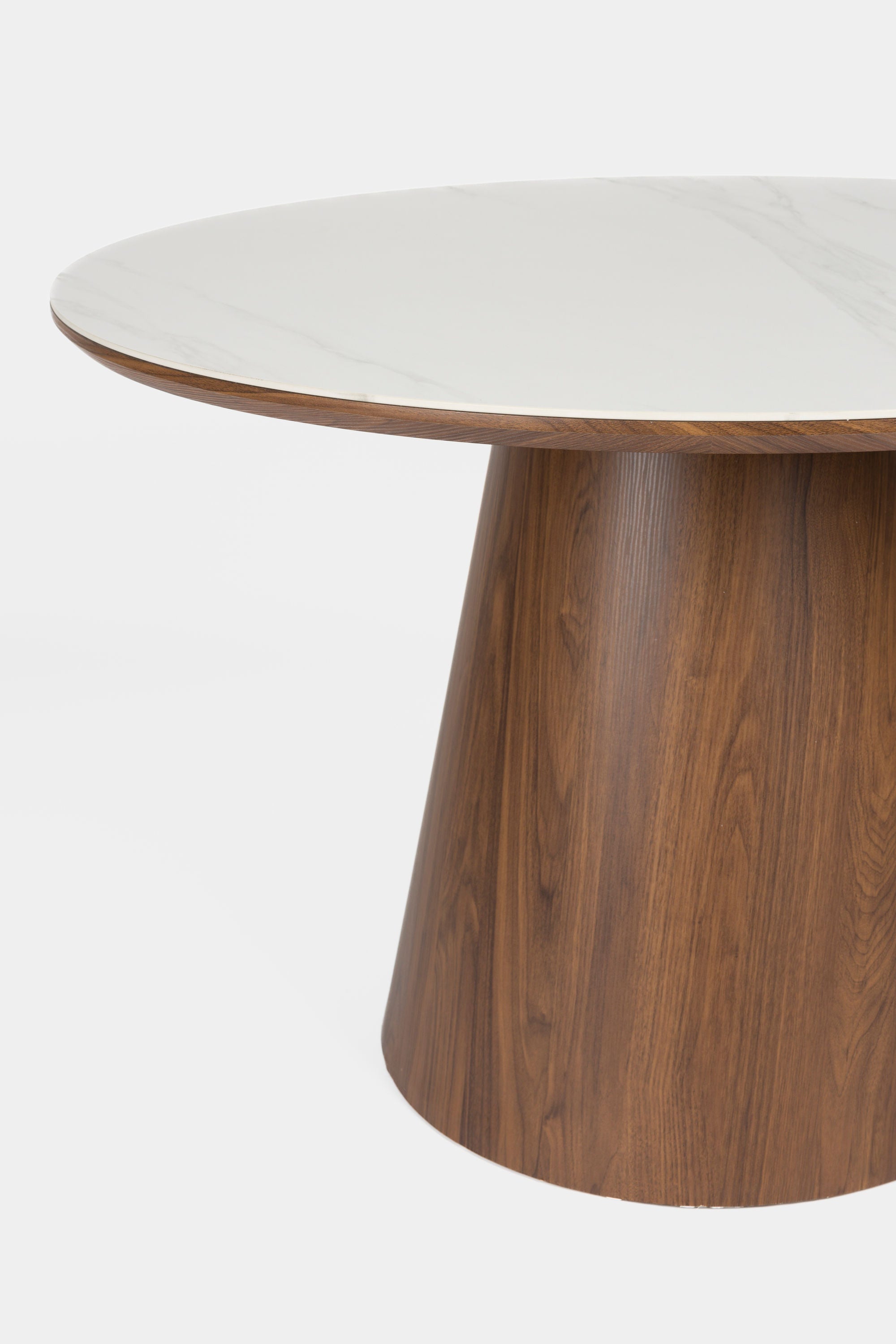 Almira Walnut Brown Oak Wood & White Marble Round Dining Table