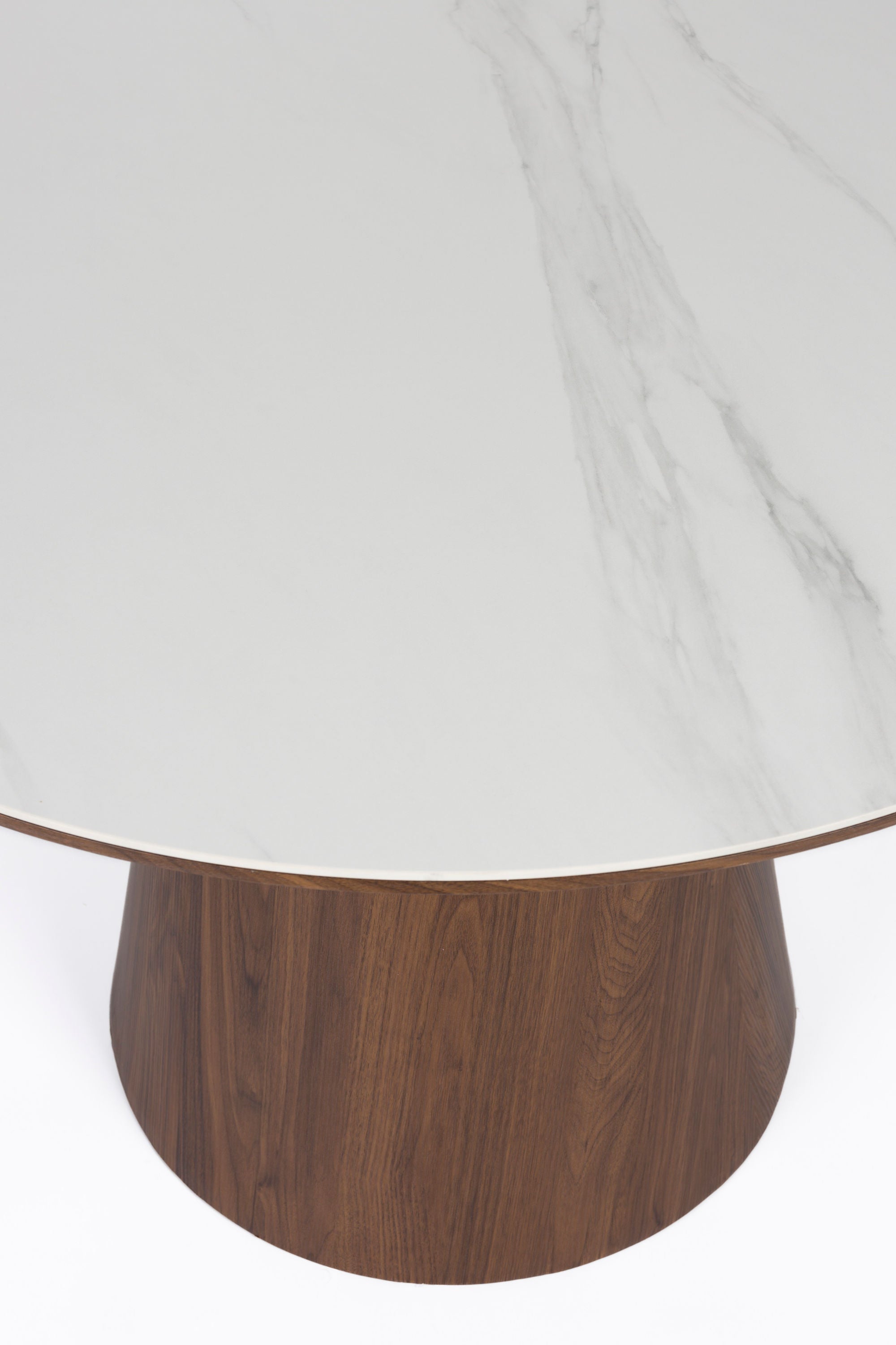 Almira Walnut Brown Oak Wood & White Marble Round Dining Table