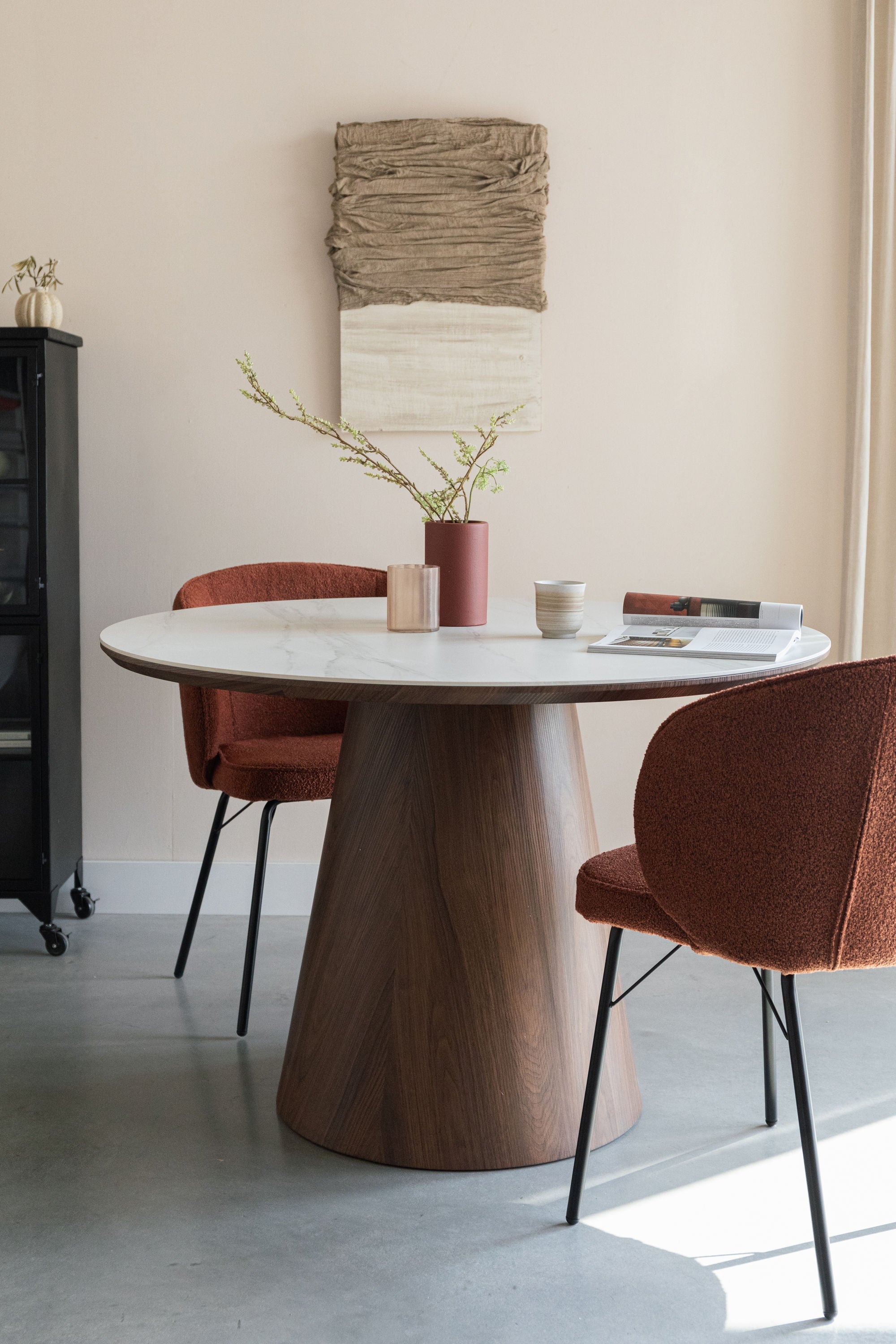 Almira Walnut Brown Oak Wood & White Marble Round Dining Table