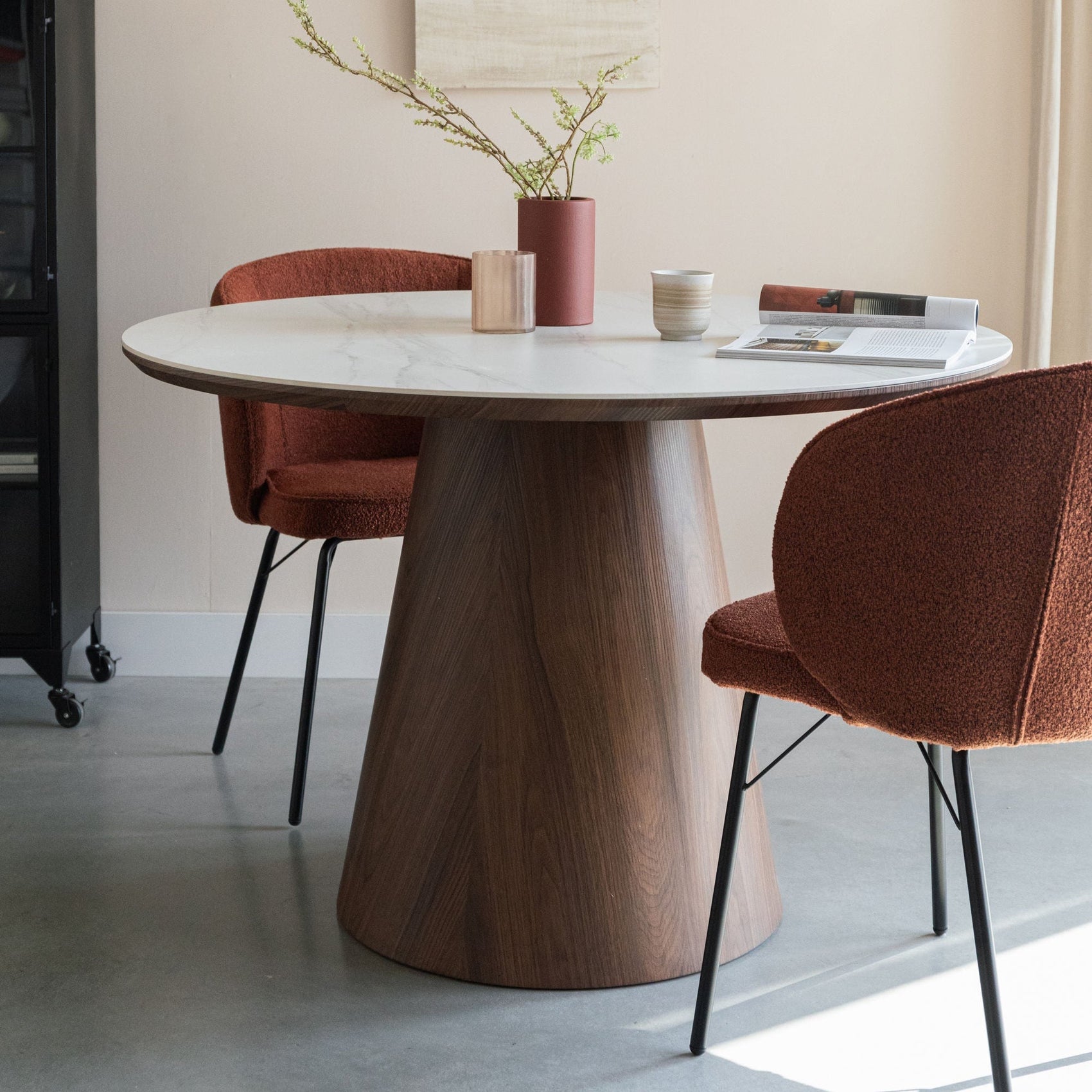 Almira Walnut Brown Oak Wood & White Marble Round Dining Table
