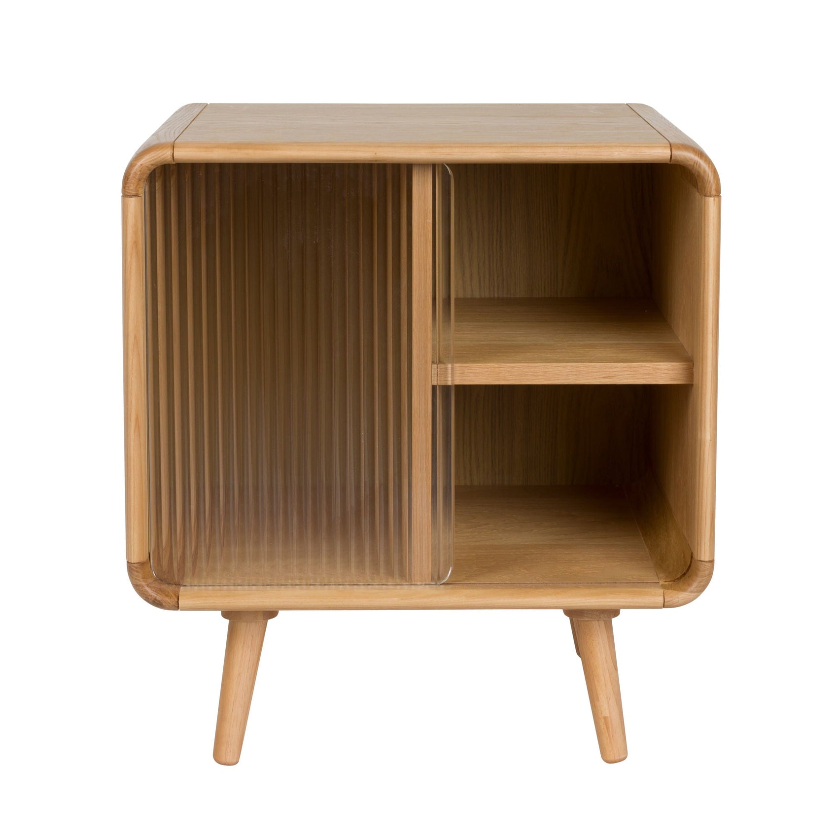 Zuiver Rise Natural Oak Wood & Ribbed Glass Bedside Table