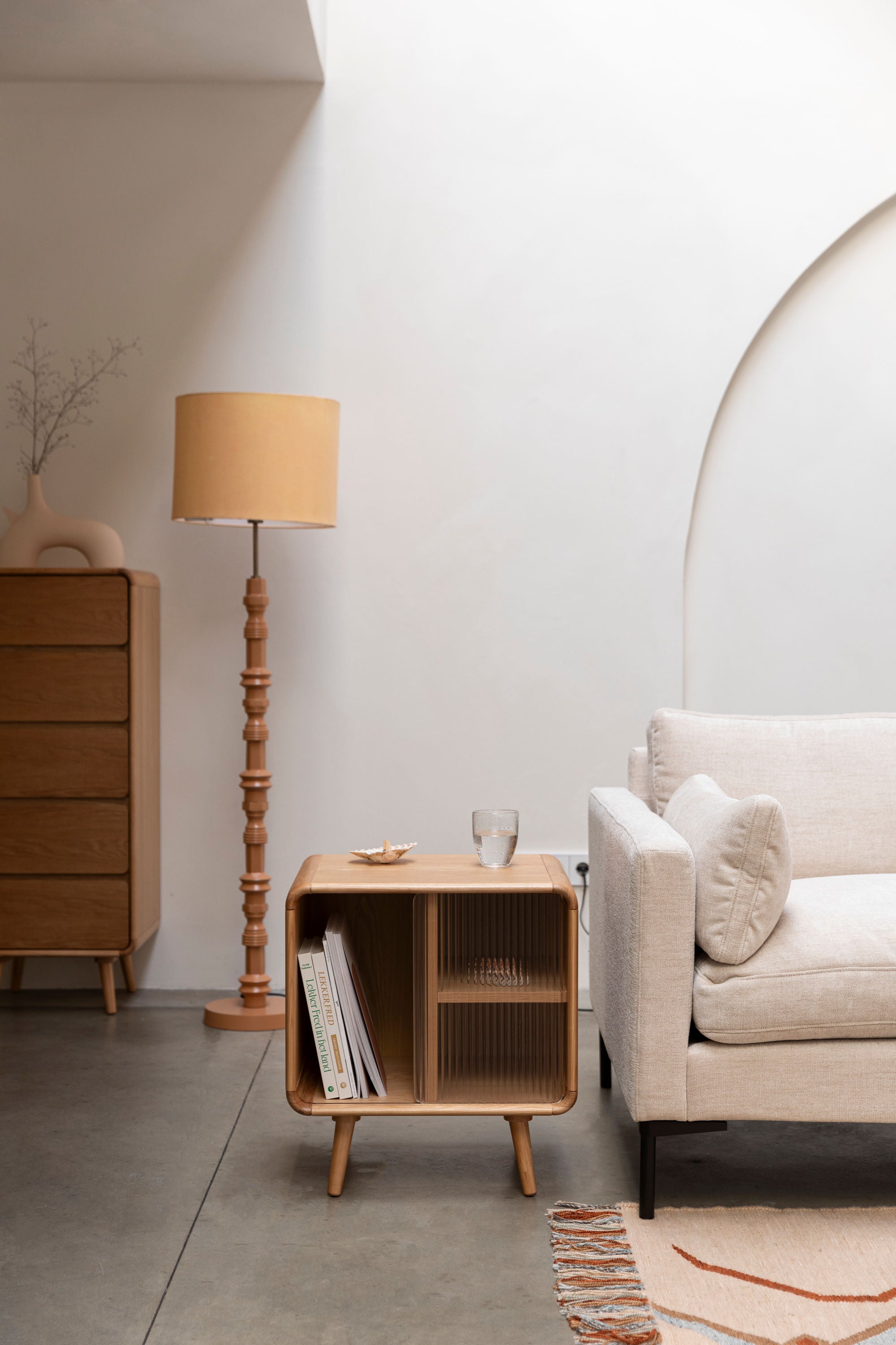 Zuiver Rise Natural Oak Wood & Ribbed Glass Bedside Table