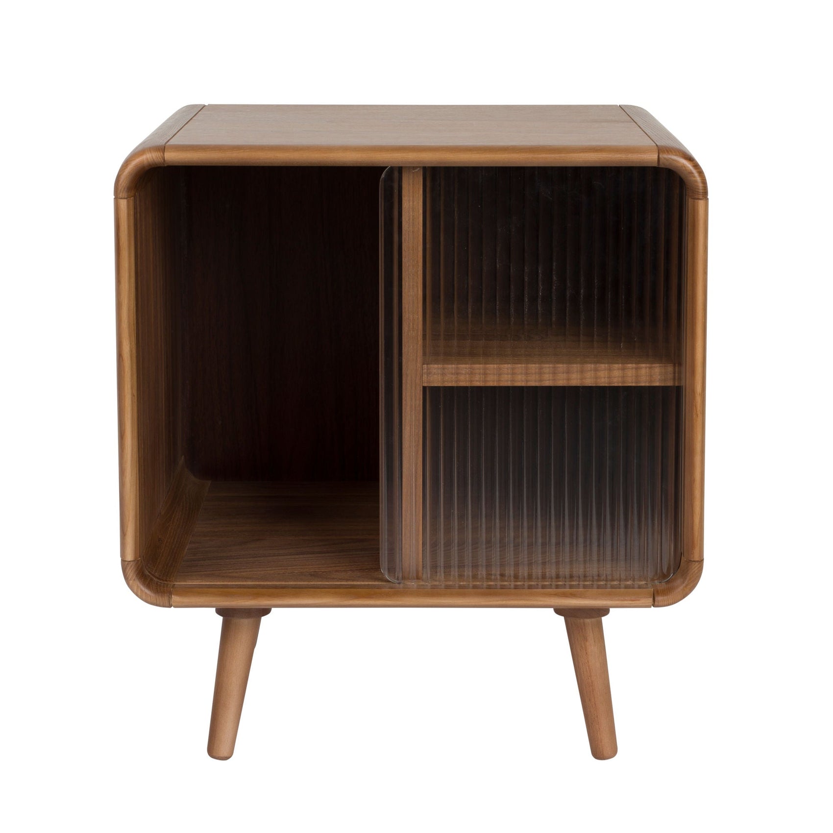 Zuiver Rise Walnut Brown Wood & Ribbed Glass Bedside Table