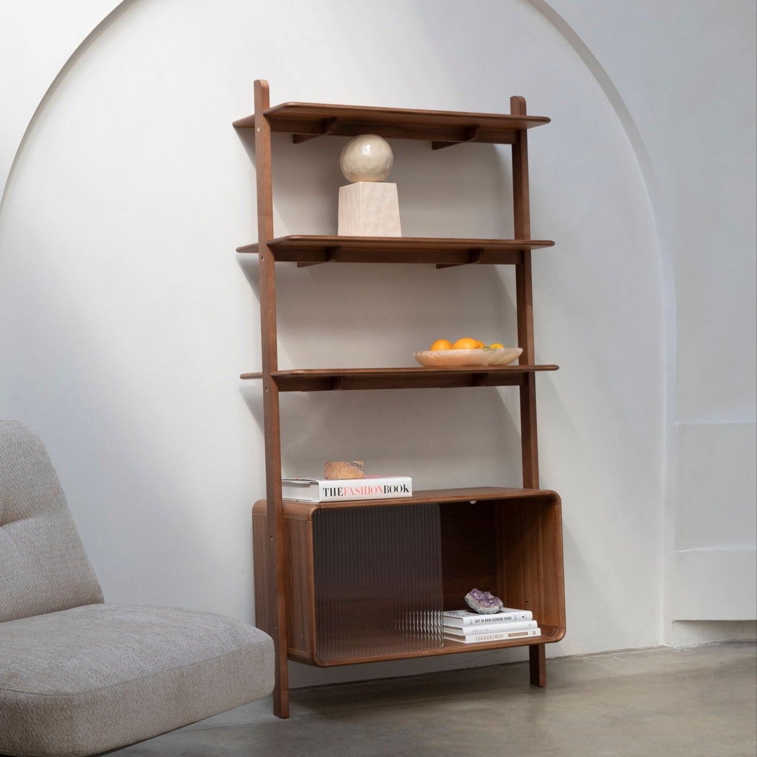 Zuiver Rise Walnut Brown Wood & Ribbed Glass Display Unit