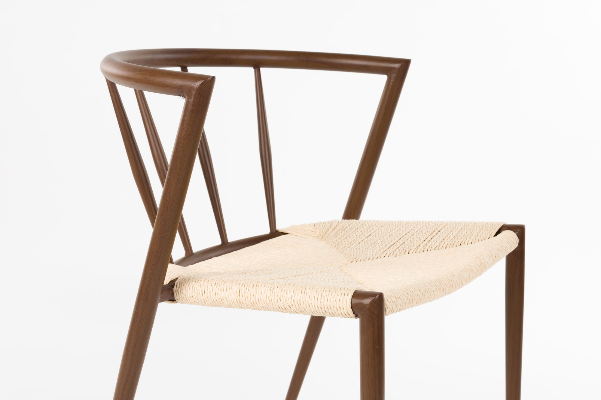 Set of 2 Che Walnut Brown Wood & Natural Rope Curved Dining Chair