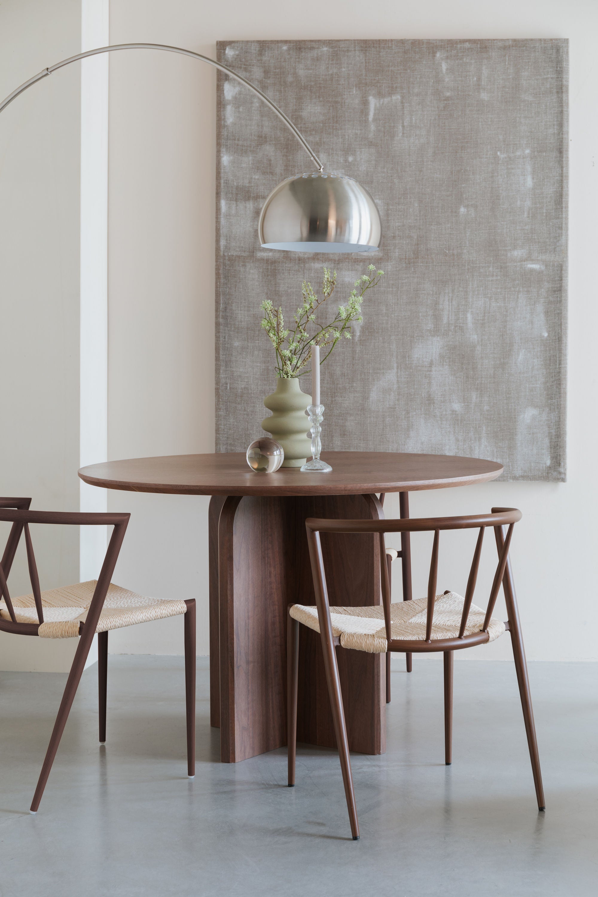 Set of 2 Che Walnut Brown Wood & Natural Rope Curved Dining Chairs