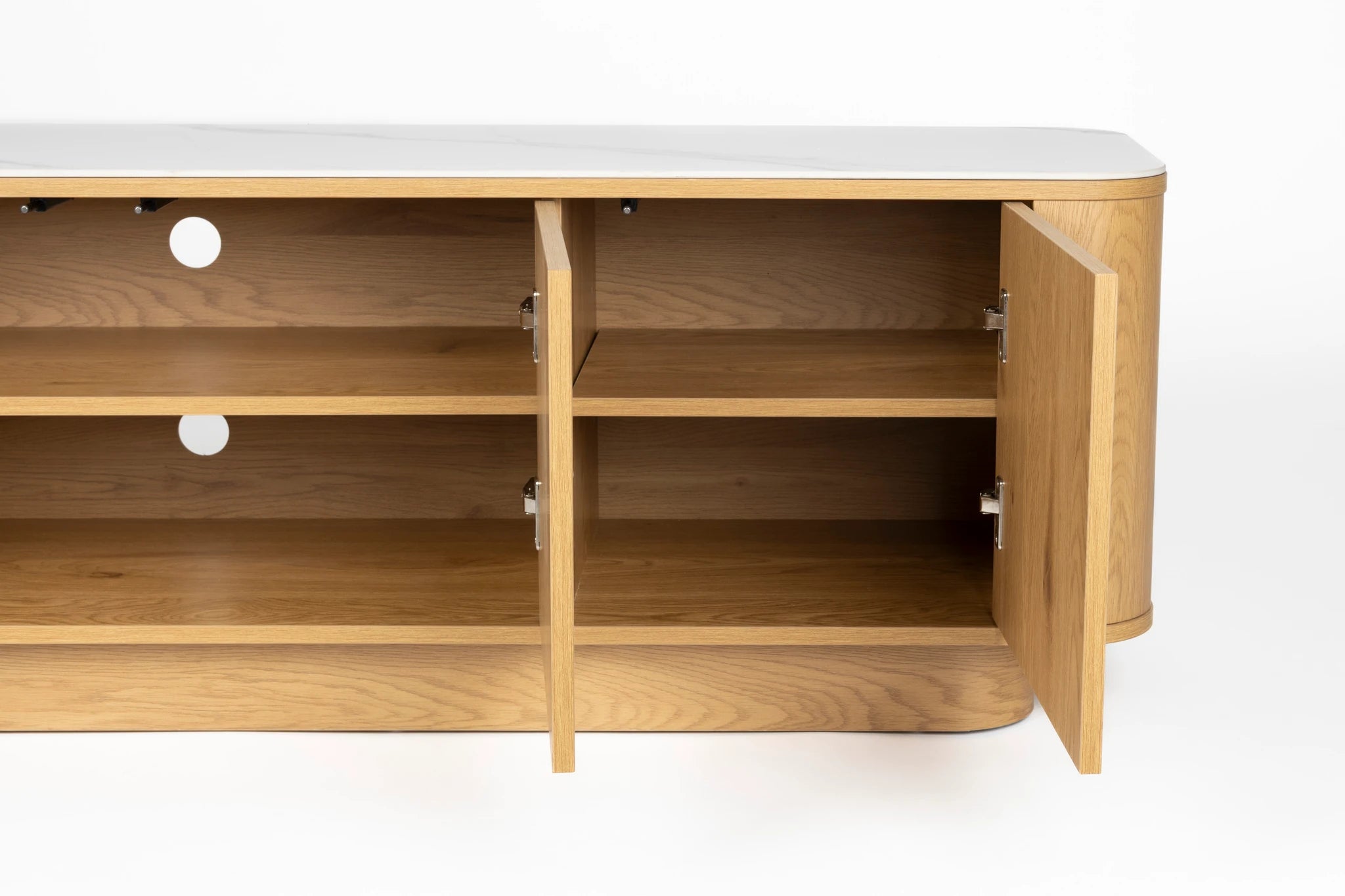 Almira Natural Oak Wood & White Marble Low Sideboard
