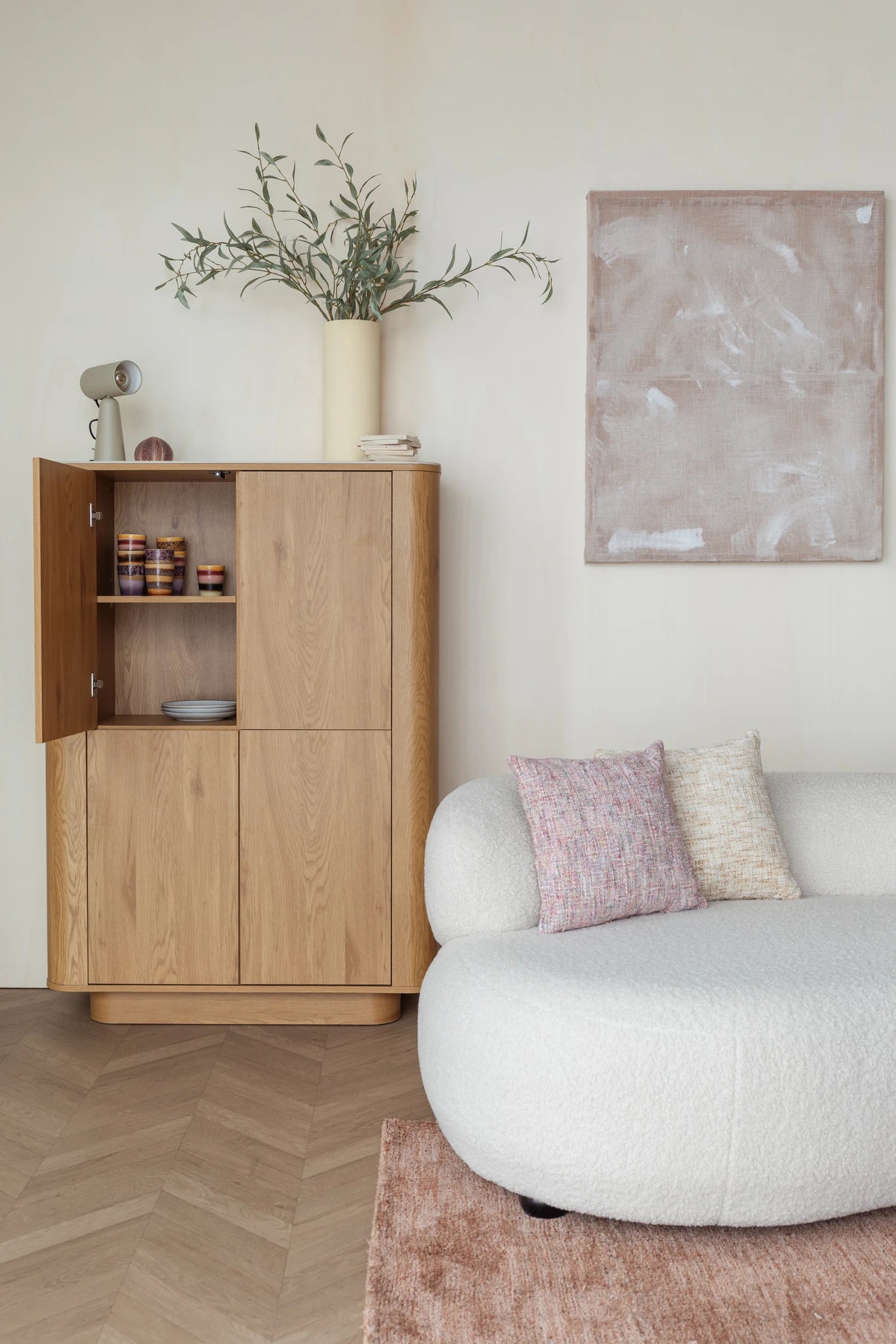 Almira Natural Oak Wood & White Marble Cabinet
