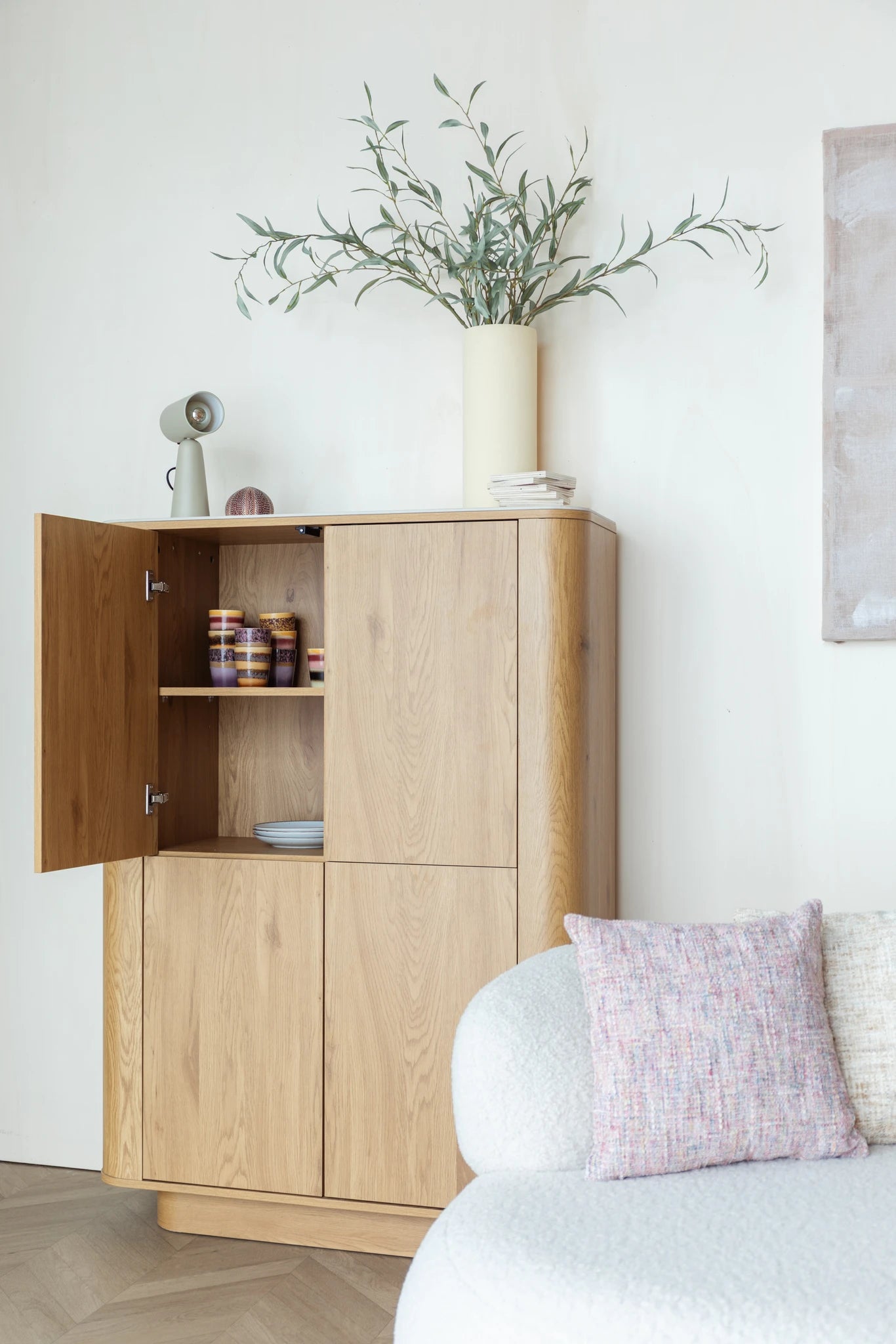 Almira Natural Oak Wood & White Marble Cabinet