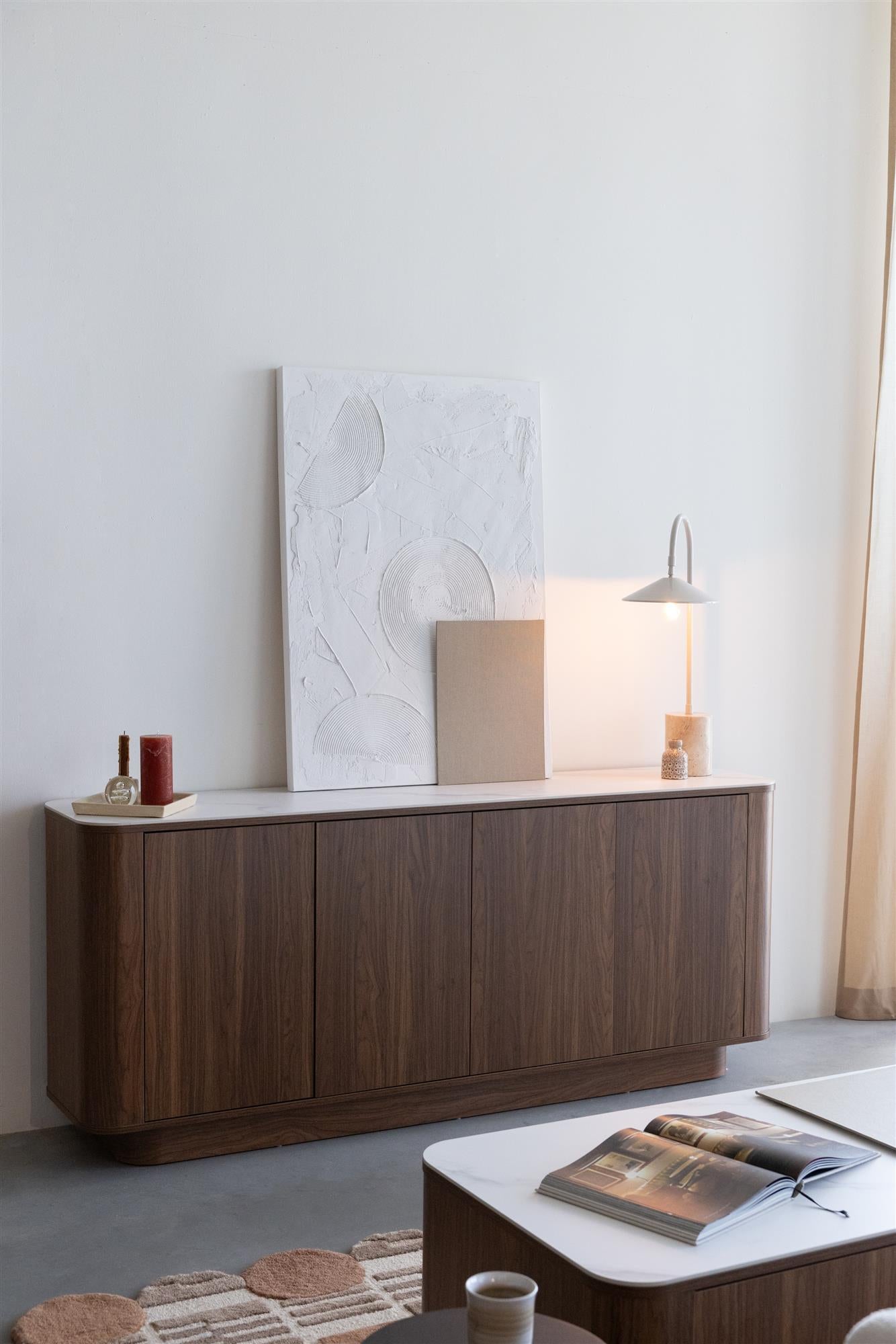 Almira Walnut Brown Wood & White Marble High Sideboard