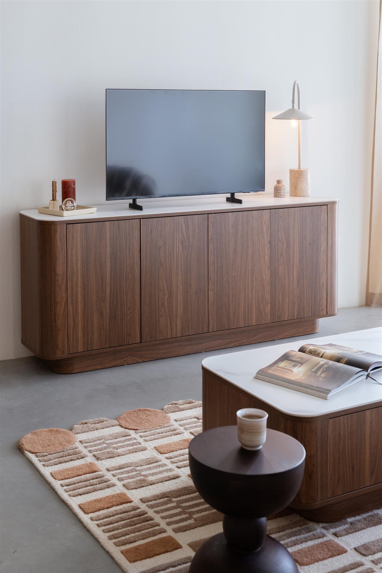 Almira Walnut Brown Wood & White Marble High Sideboard