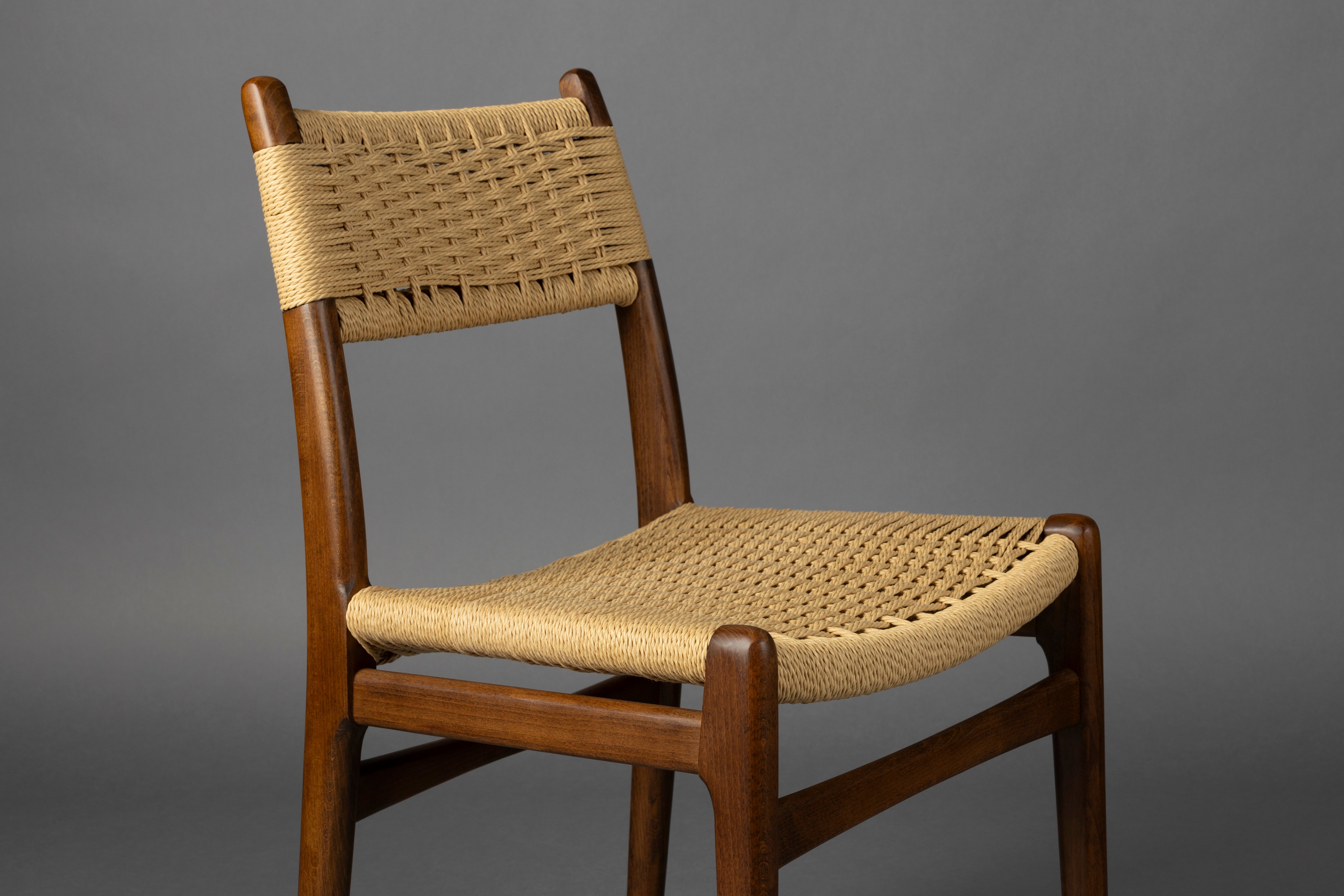 Dutchbone Set of 2 Cecile Walnut Brown Wood & Woven Rope Dining Chair