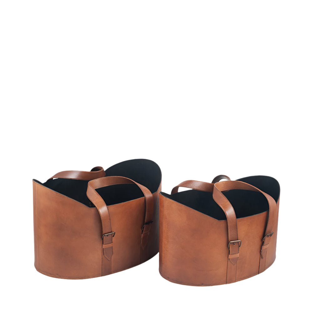 Set of 2 Alessio Vintage Brown Leather Handled Baskets