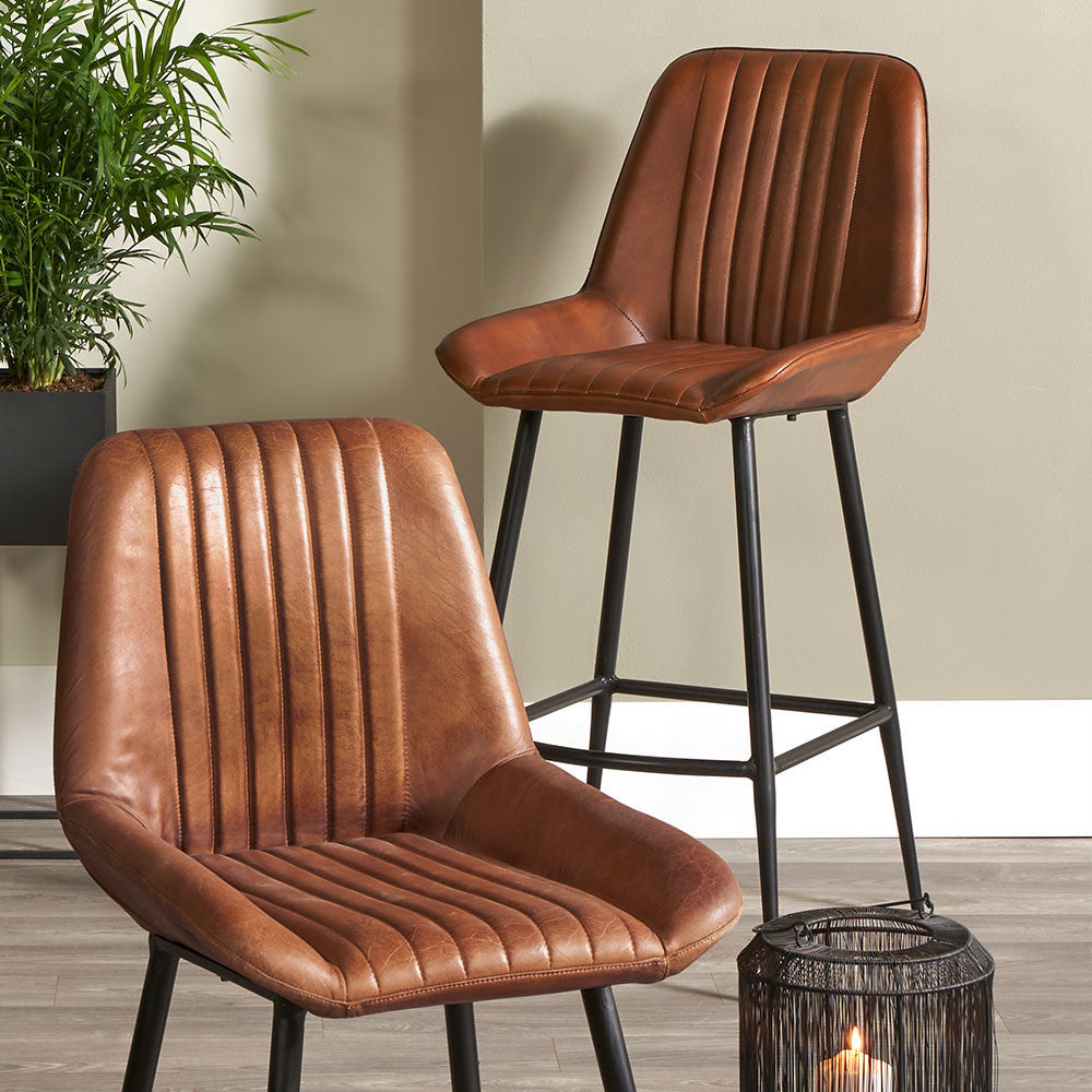 Angelo Vintage Brown Leather & Black Metal Retro Bar Stool