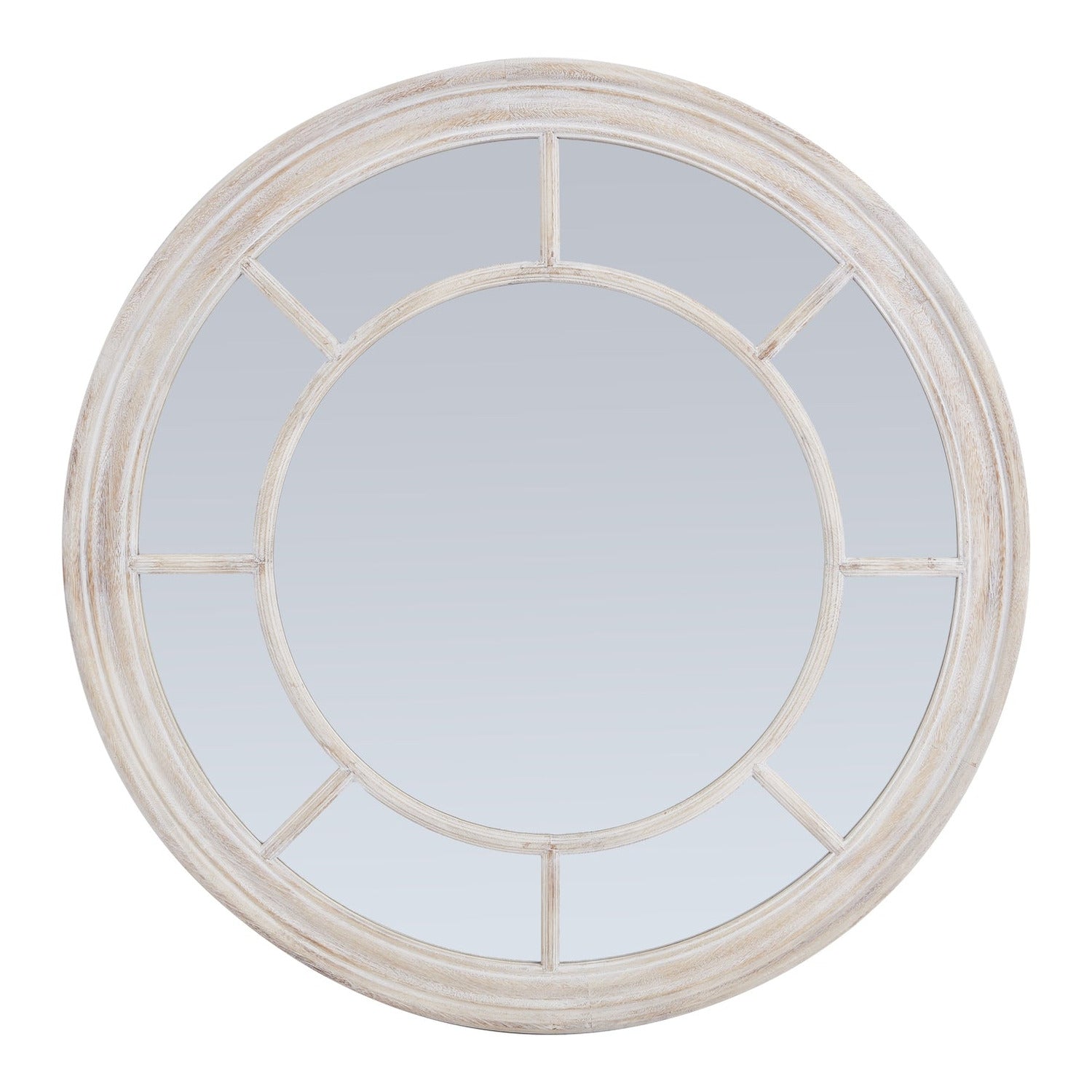 Washed Wood Framed Round Wall Mirror 90cm