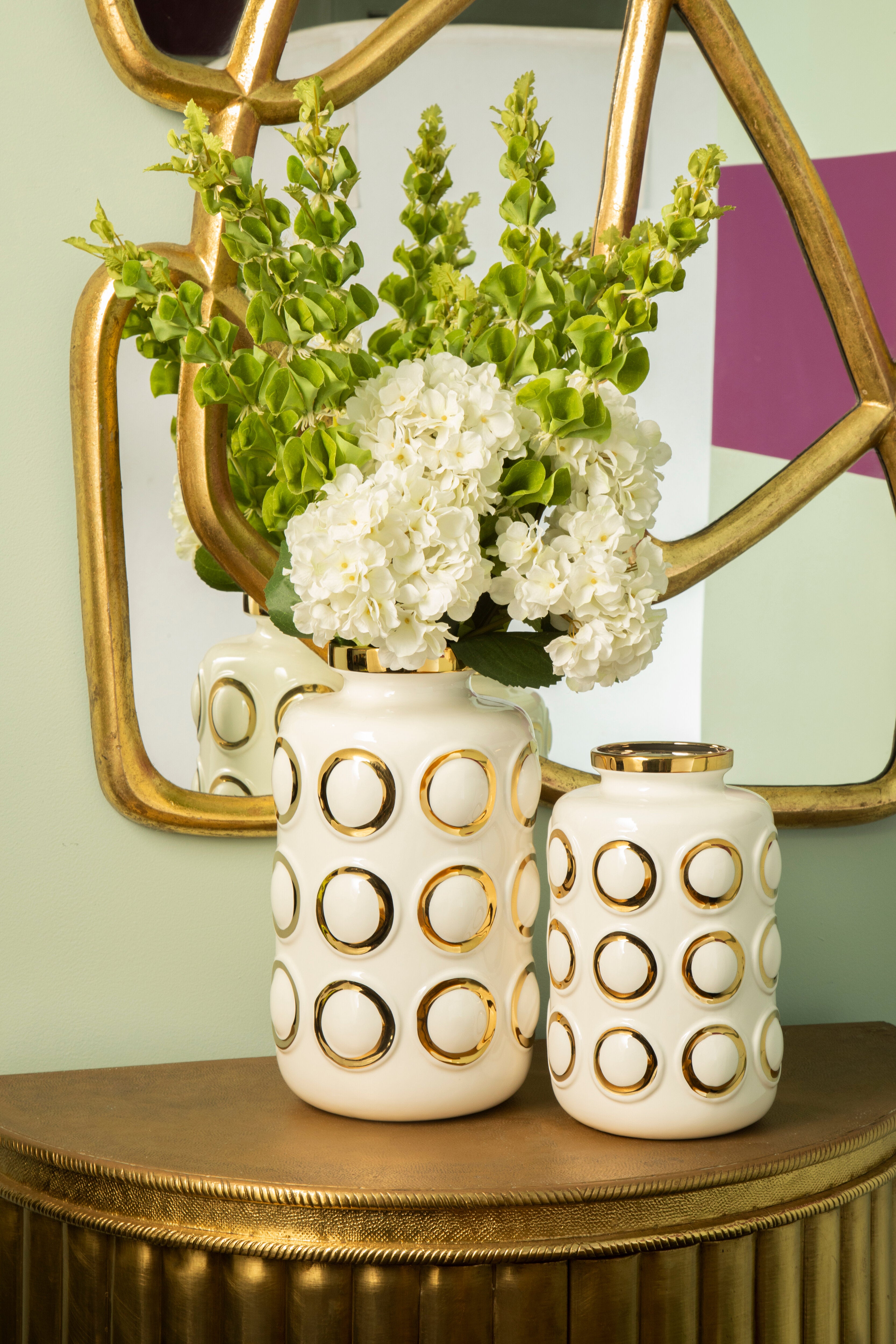 Torello White & Gold Embossed Rings Ceramic Vase | Small