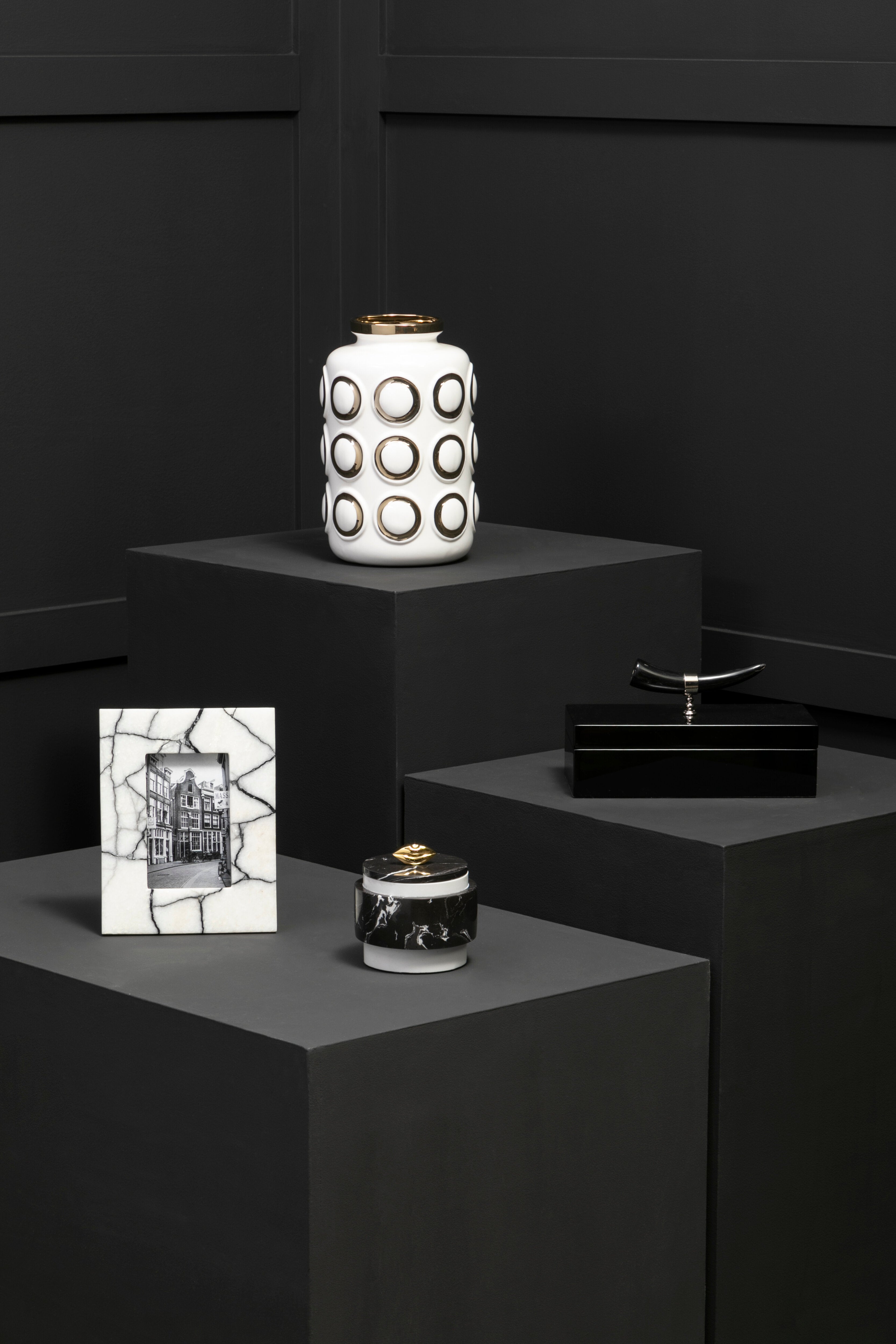 Torello White & Gold Embossed Rings Ceramic Vase | Small