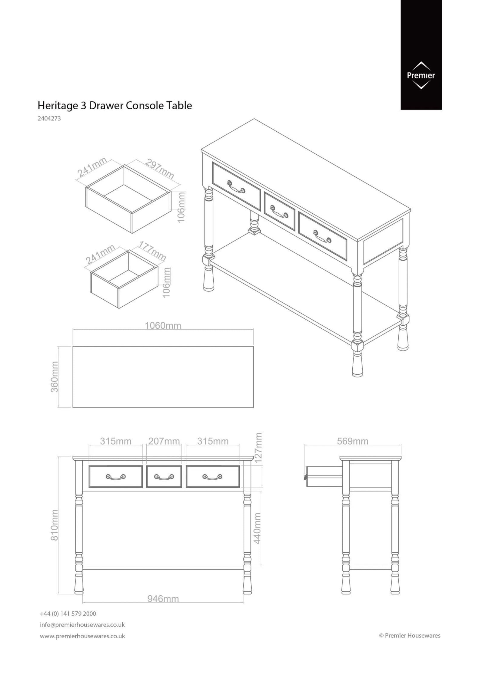 Chelsea Grey Putty Wood 3 Drawer Console Table