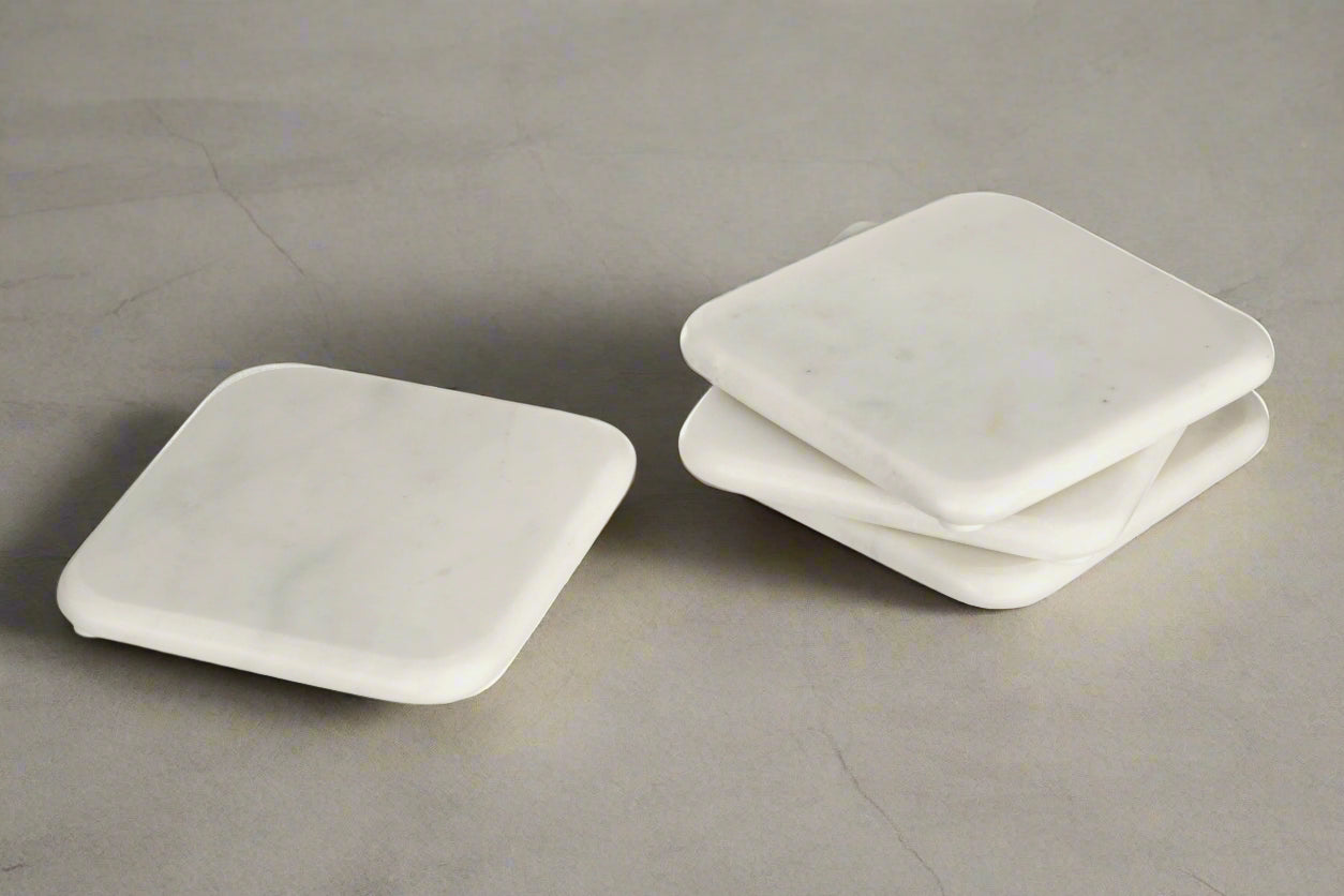 Set of 4 Trevi Off White Marble Square Coasters