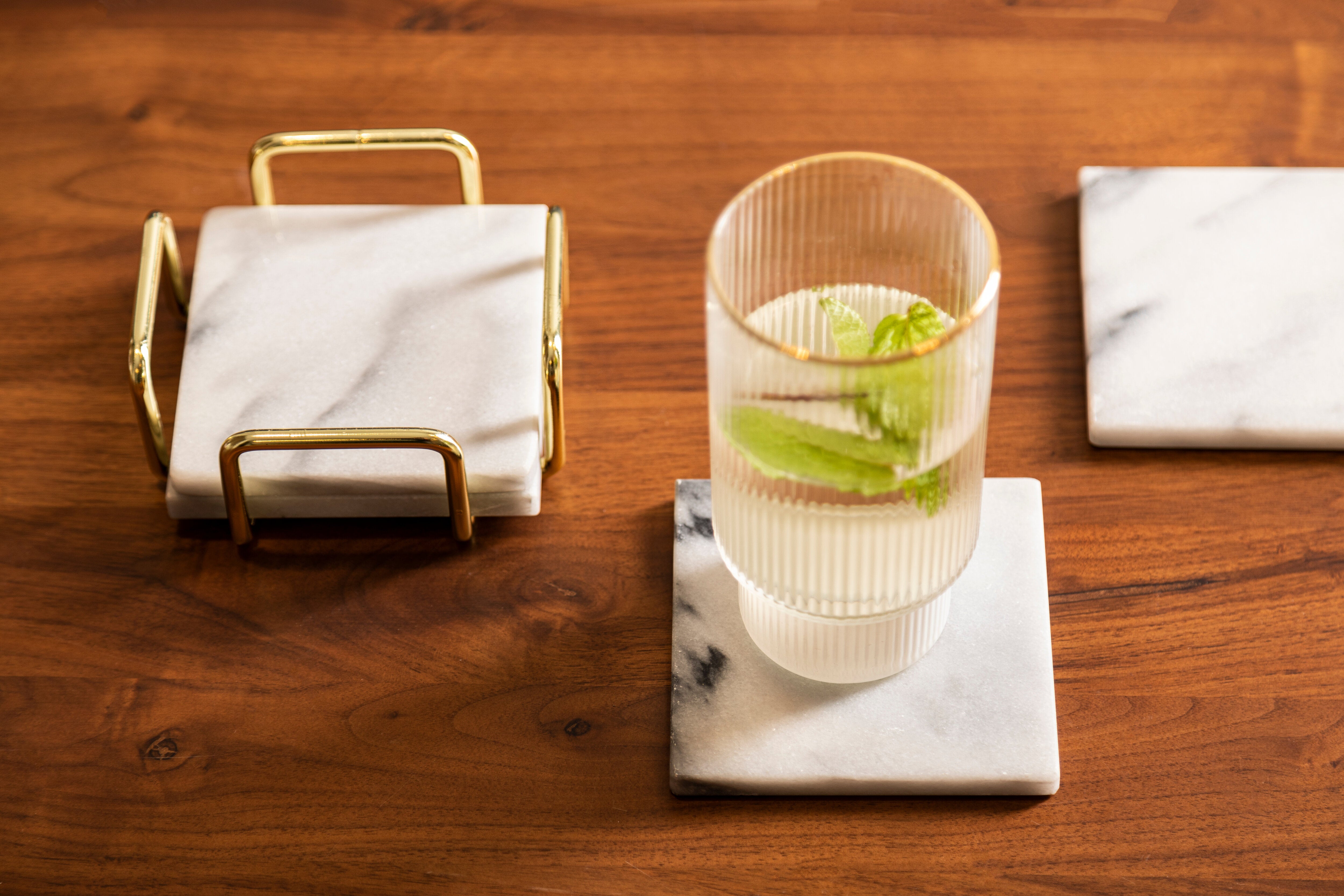 Set of 4 Trevi White Marble Coasters with Brass Finish Holder