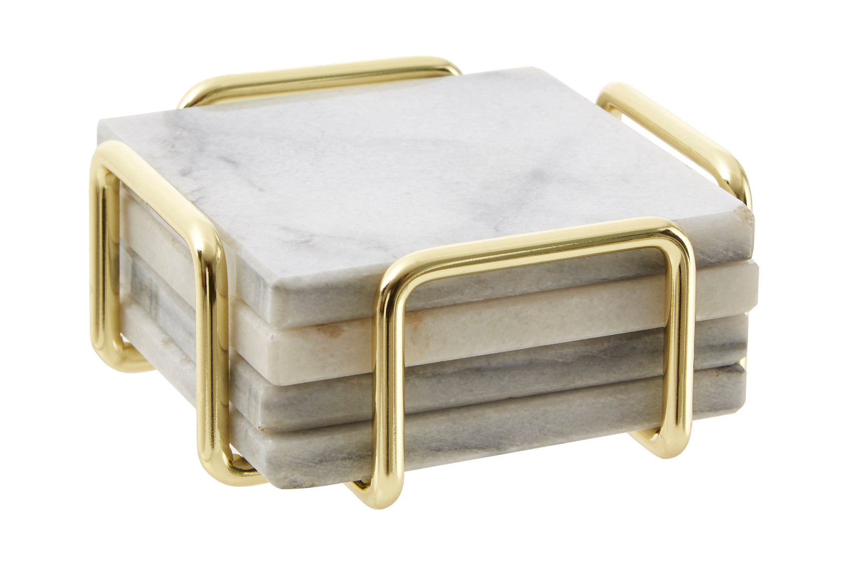 Set of 4 Trevi White Marble Coasters with Brass Finish Holder