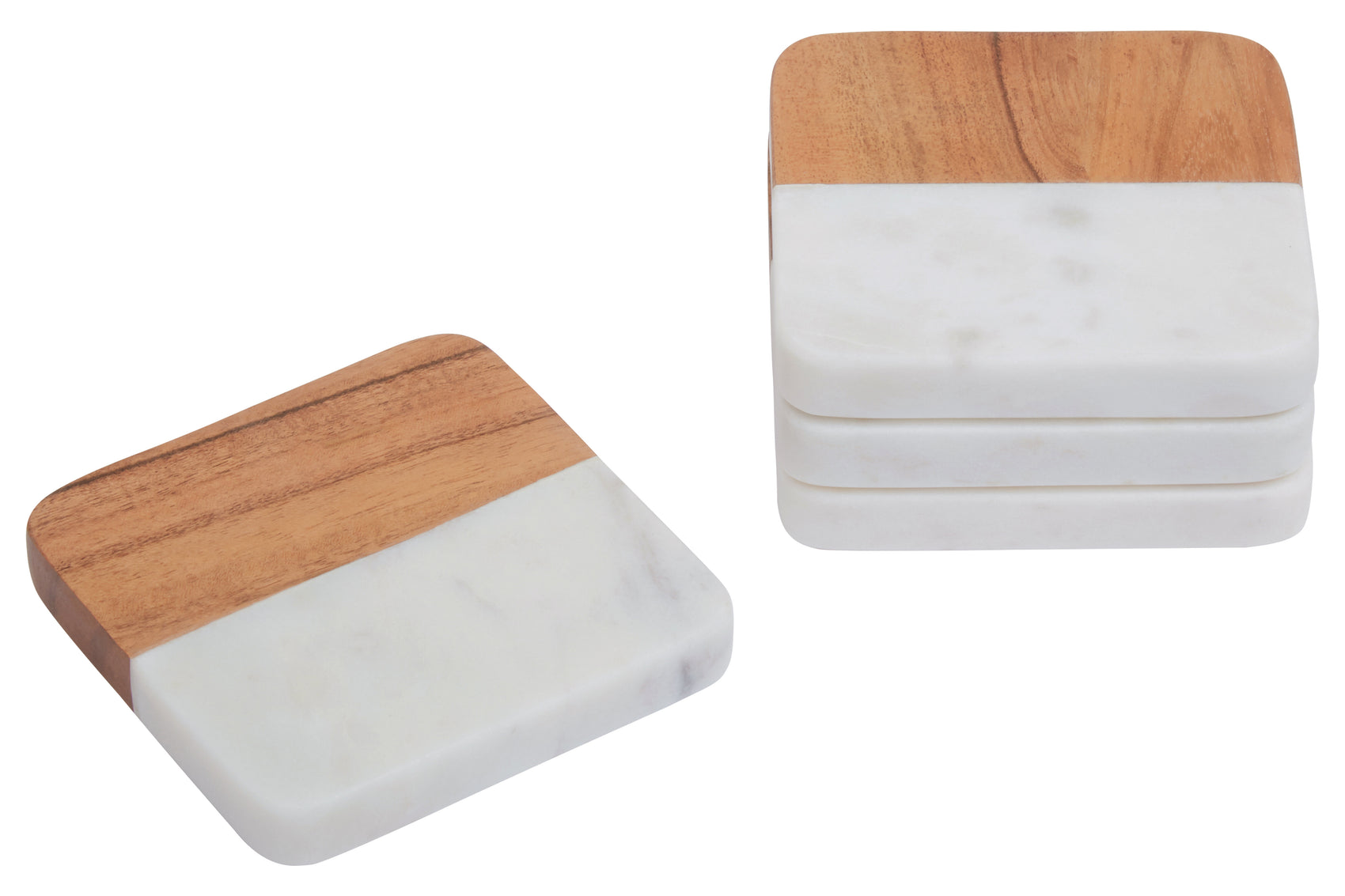 Set of 4 Burano White Marble & Acacia Wood Coasters