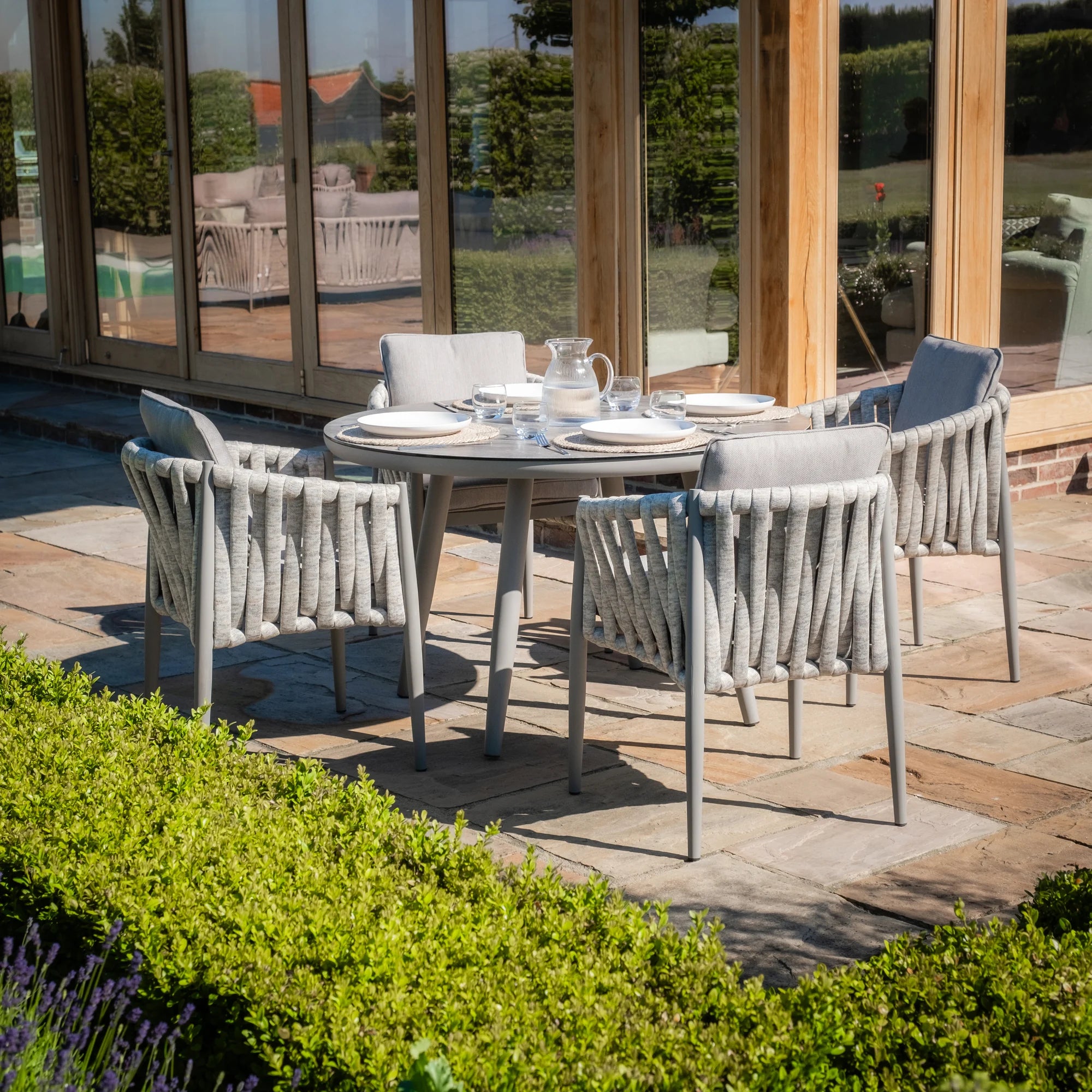 Milan Grey Cool Linen Round Dining Set with Lazy Susan | 4 Seater