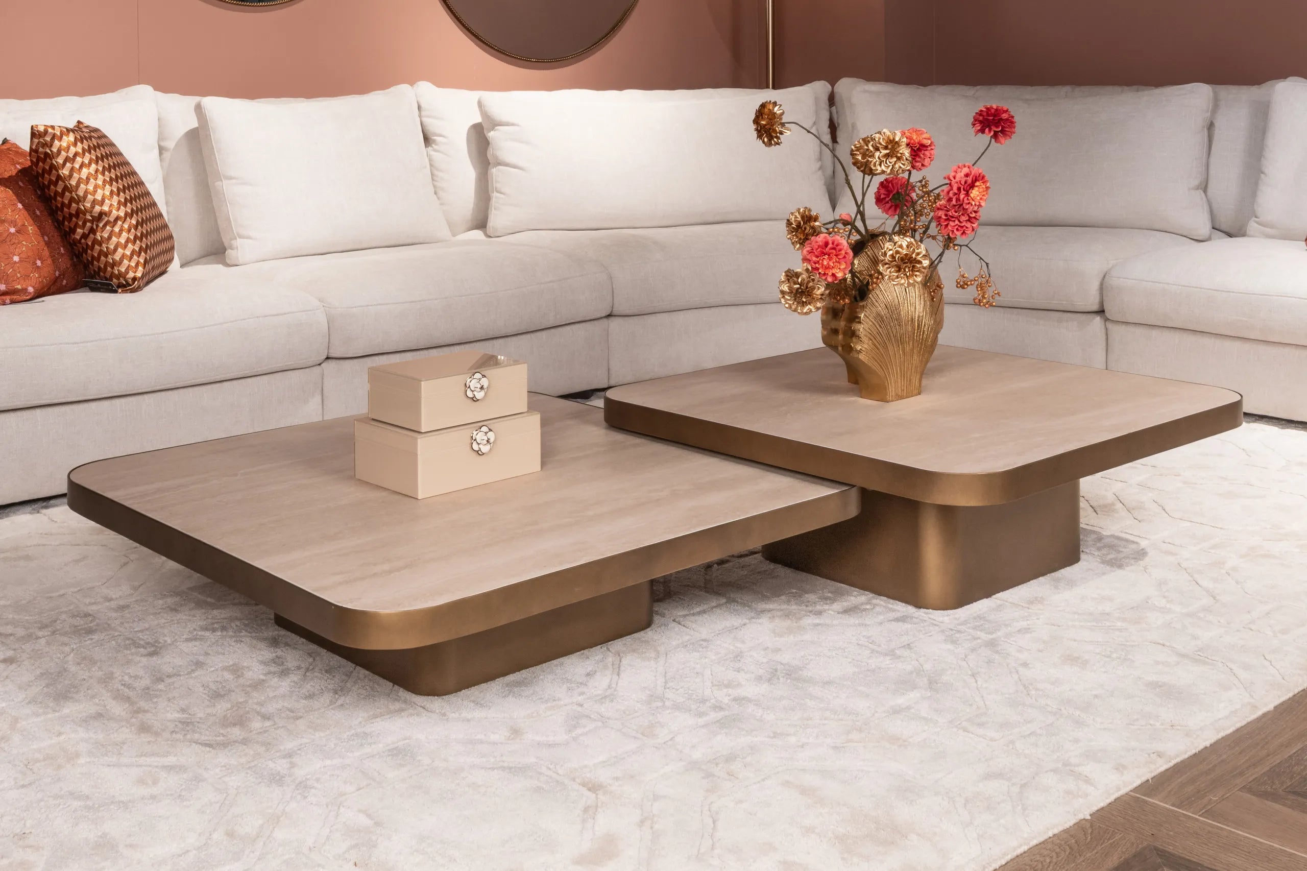 Richmond Interiors Claridge Travertine & Gold Square Coffee Table 70cm