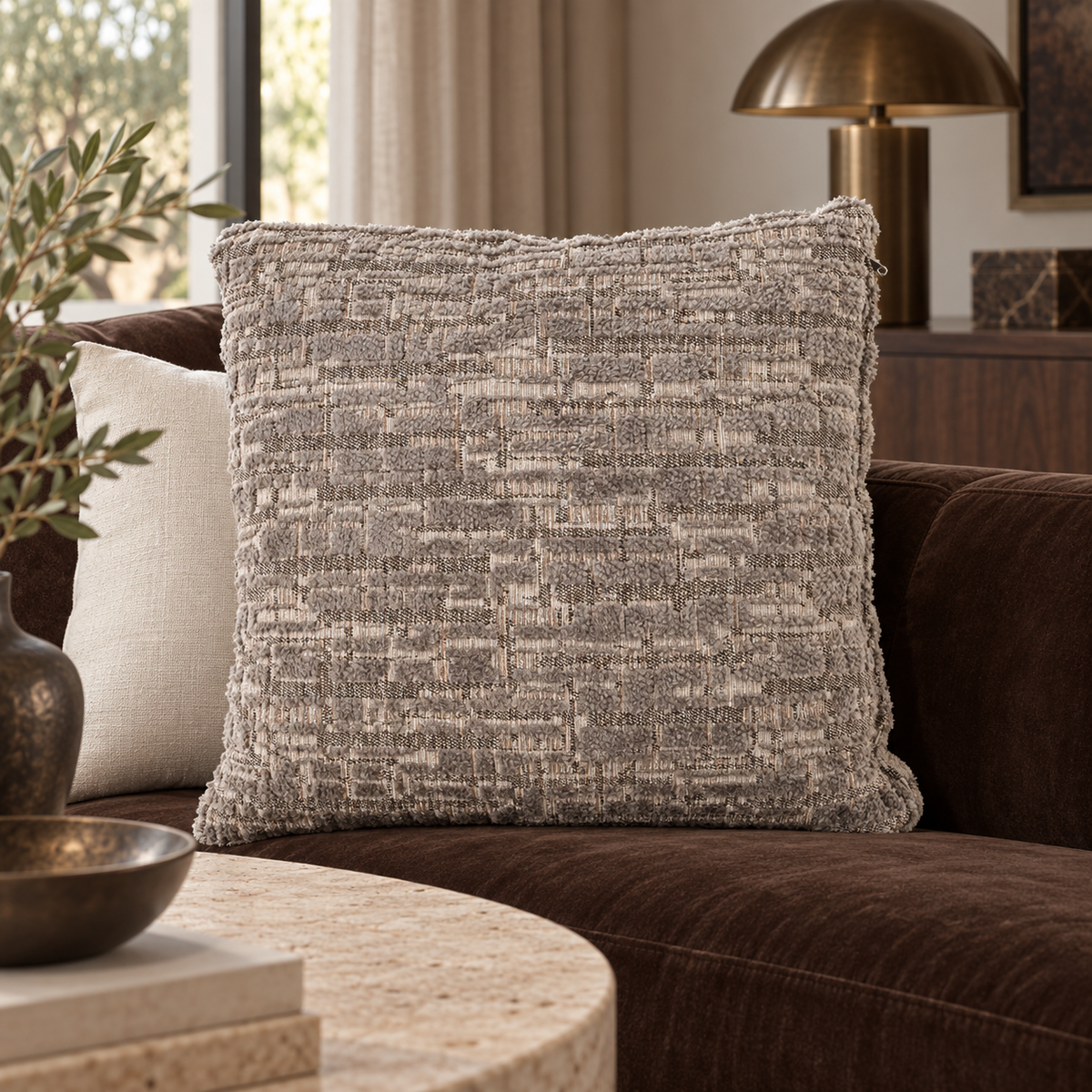 Richmond Interiors Olin Greige Square Cushion 50x50 luxury lifestyle image