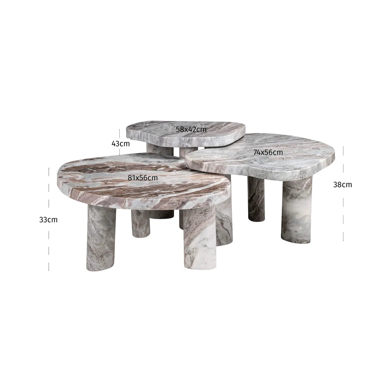 Richmond Interiors Set of 3 Camino Blush Beige/Grey Toronto Marble Coffee Tables
