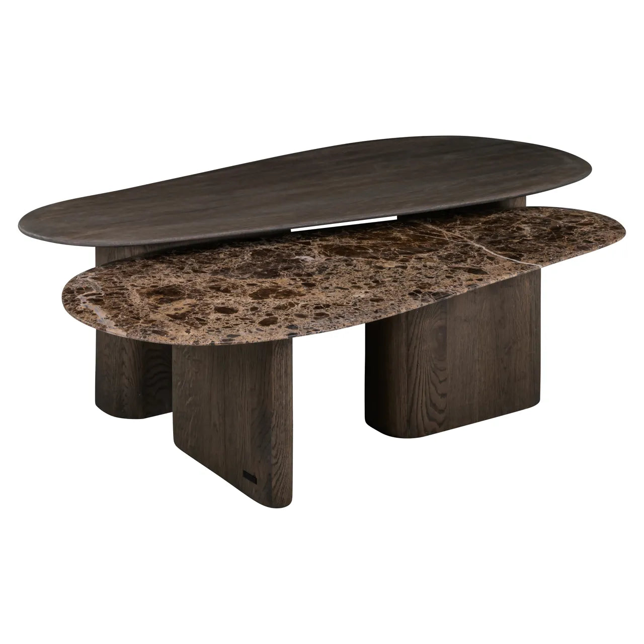 Richmond Interiors Set of 2 Castello Smoked Charcoal Emperador Marble & Oak Coffee Tables