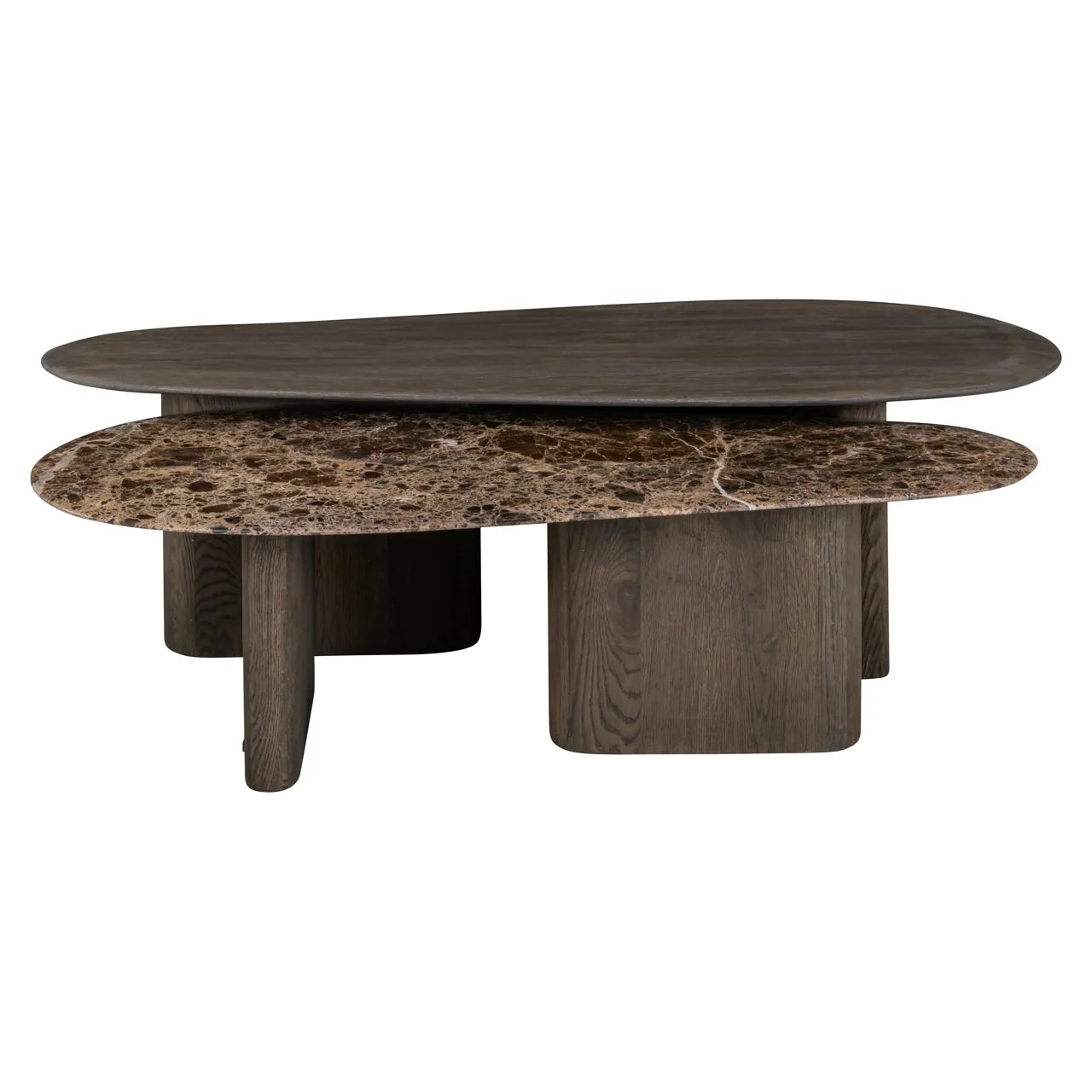 Richmond Interiors Set of 2 Castello Smoked Charcoal Emperador Marble & Oak Coffee Tables