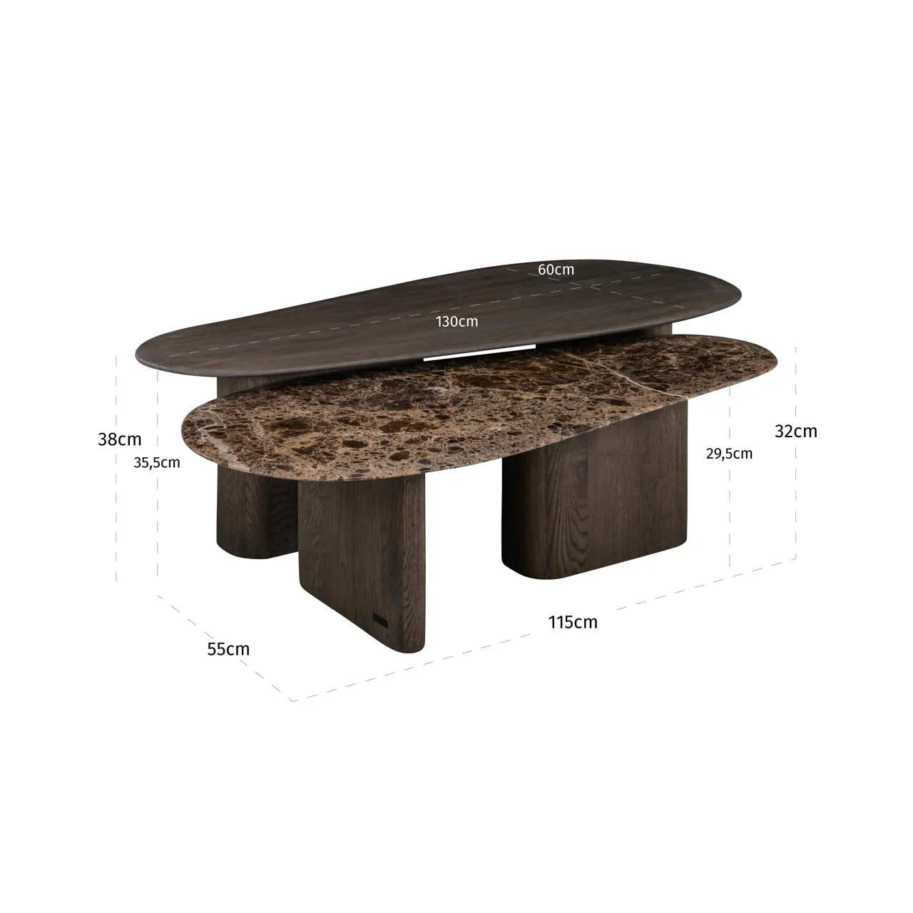 Richmond Interiors Set of 2 Castello Smoked Charcoal Emperador Marble & Oak Coffee Tables