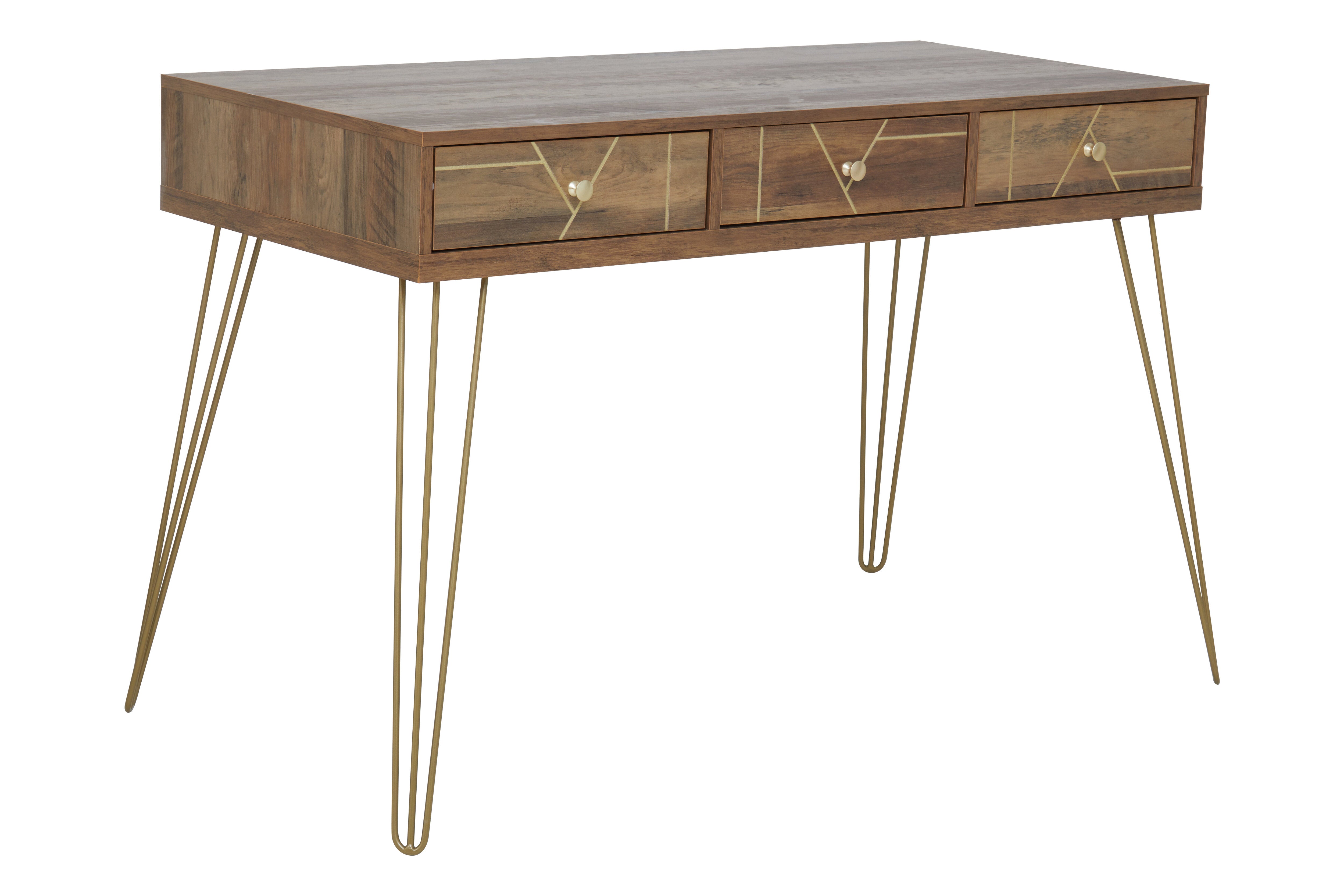Ophelia Brown Wood & Gold Three Drawer Desk
