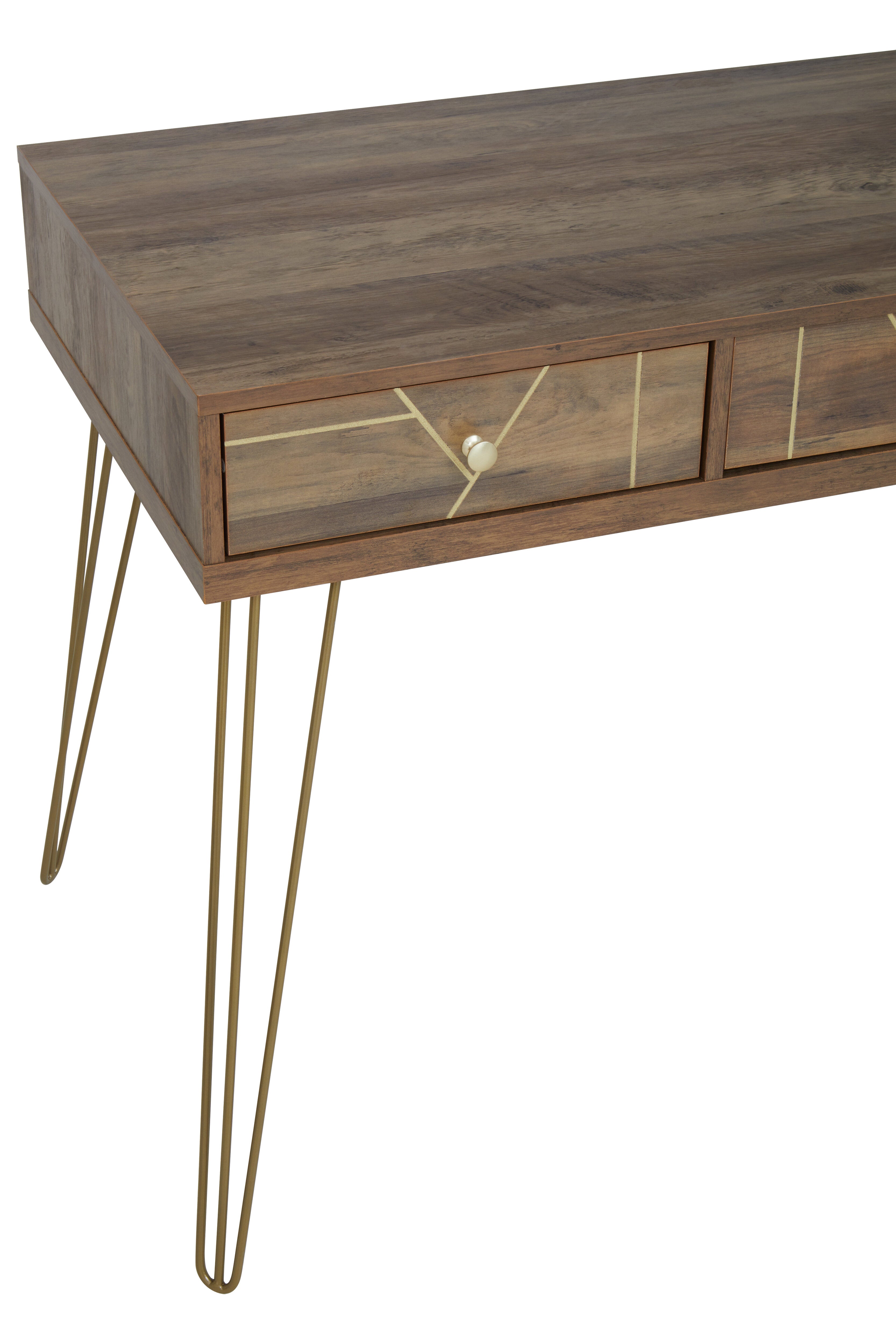 Ophelia Brown Wood & Gold Three Drawer Desk