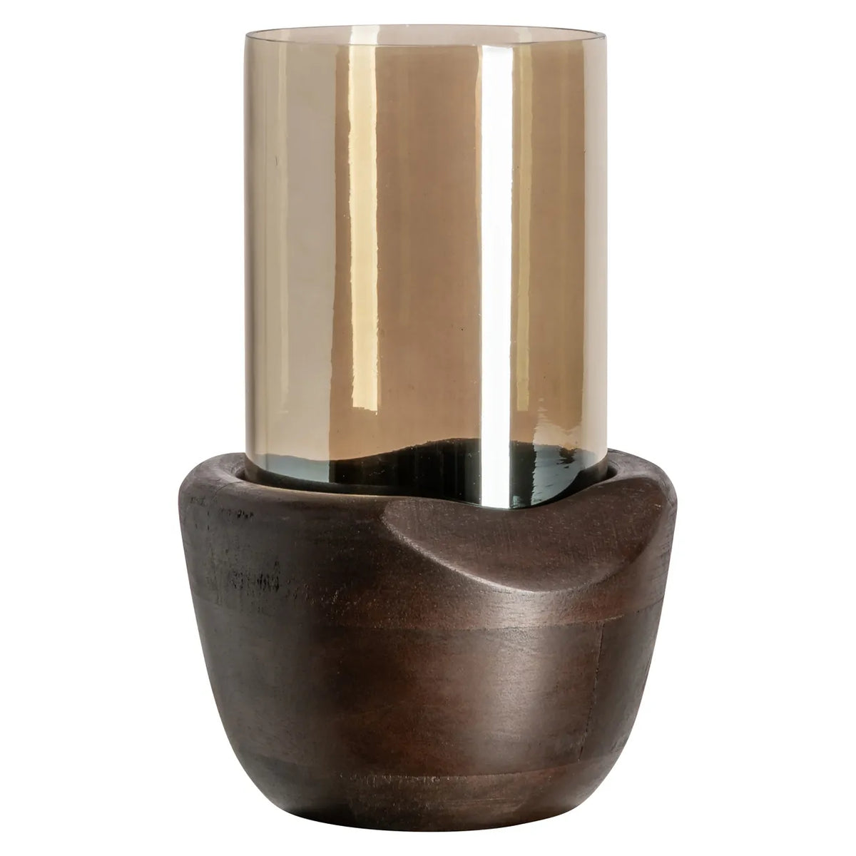 Richmond Interiors Jade Walnut Brown Wood & Glass Hurricane Candle Holder Small