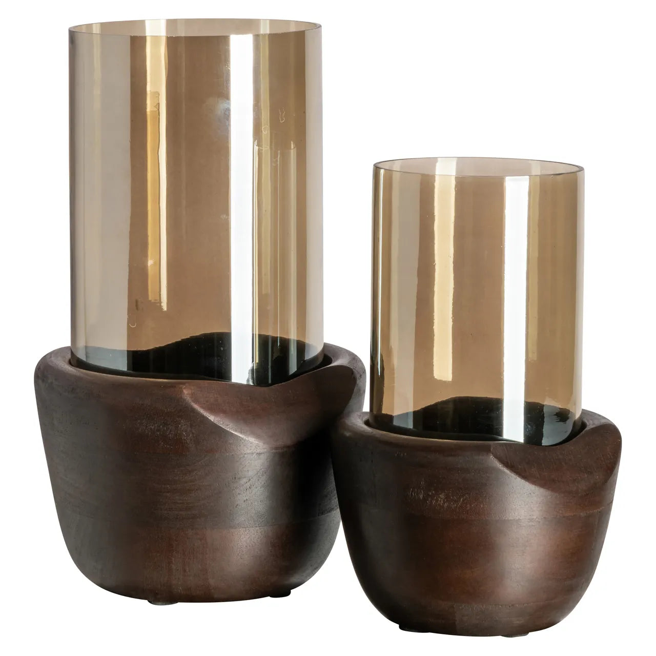 Richmond Interiors Jade Walnut Brown Wood & Glass Hurricane Candle Holder Small