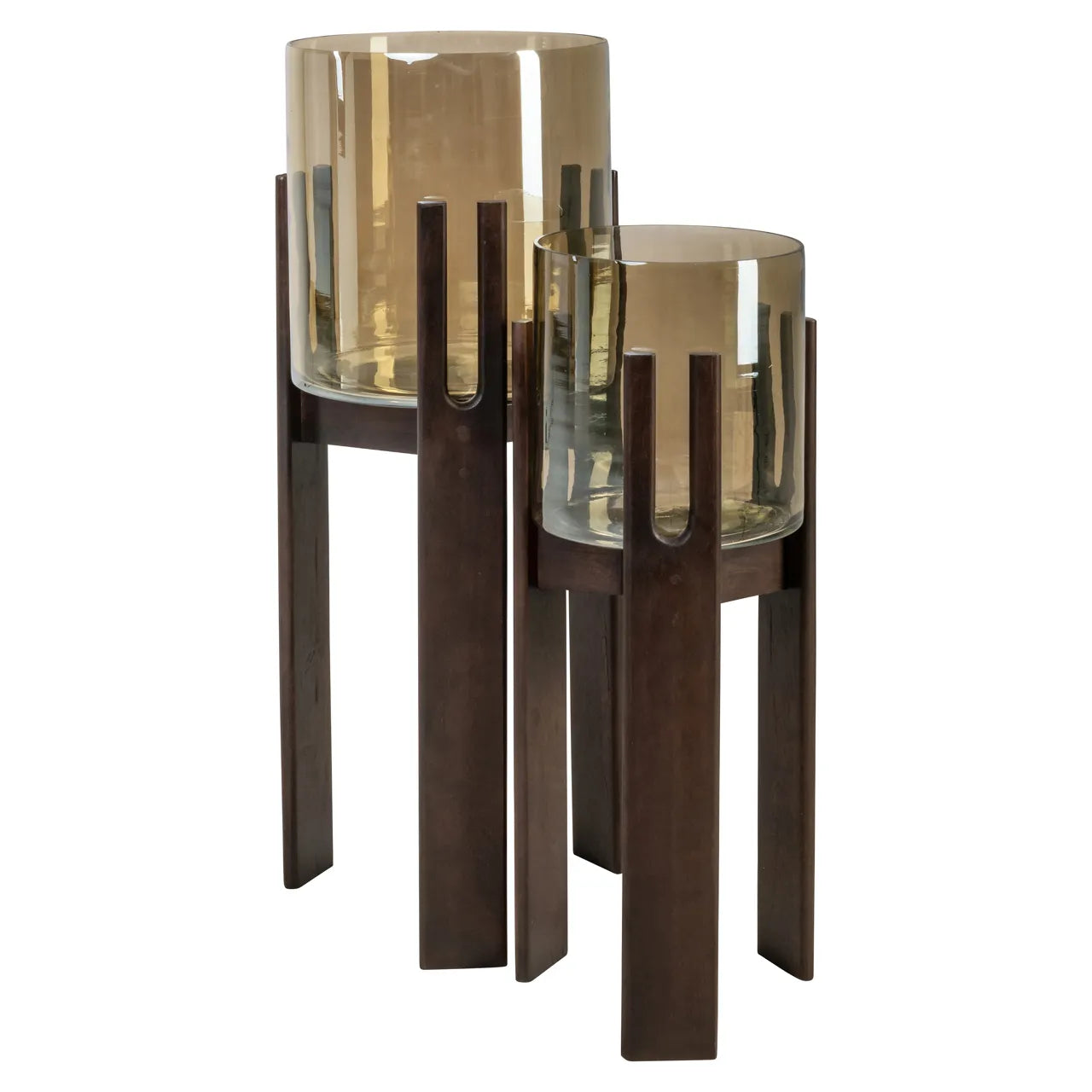 Richmond Interiors Paige Walnut Brown Wood & Glass Hurricane Candle Holder Small