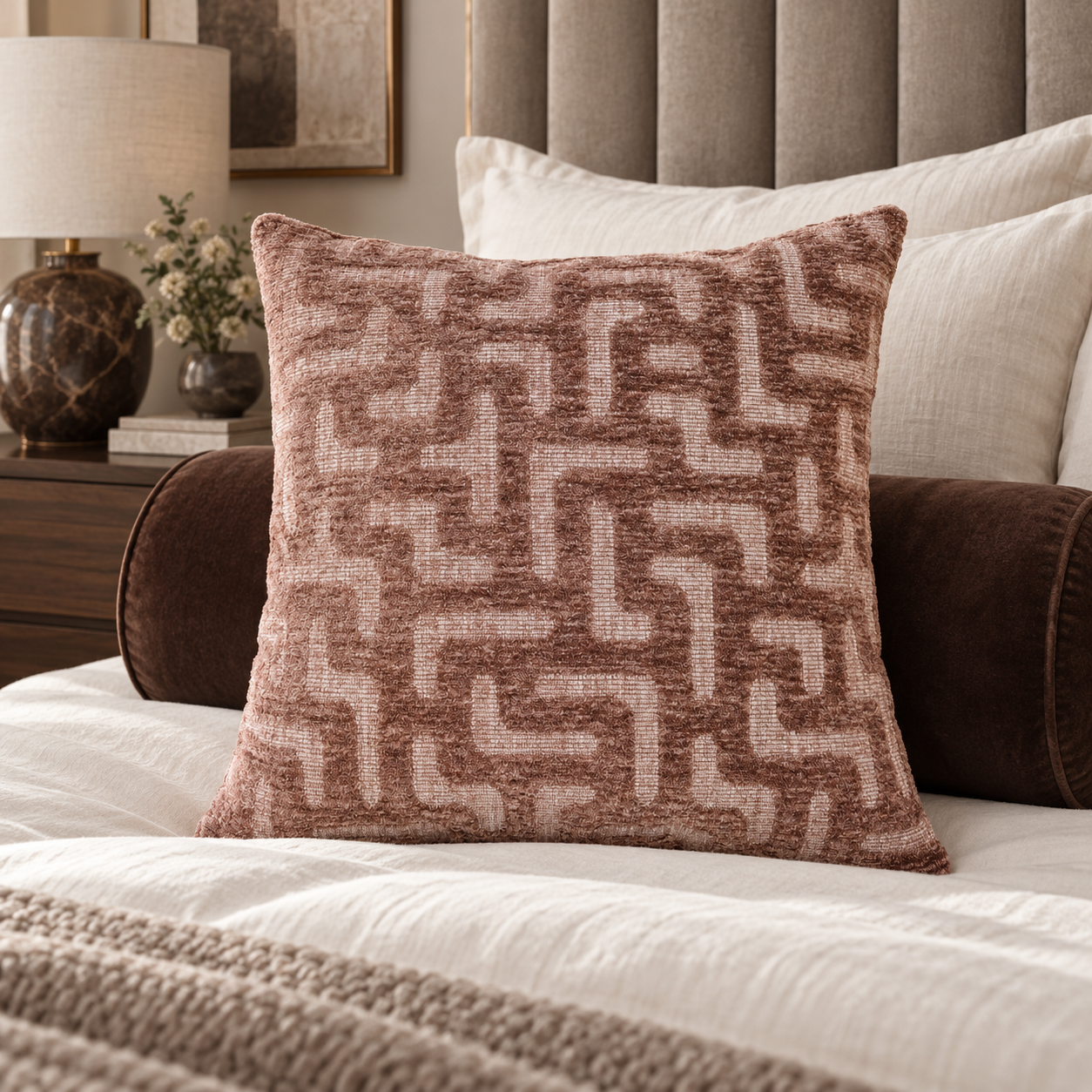 Richmond Interiors Lexa Blush Pink Labyrinth Chenille Cushion luxury lifestyle image