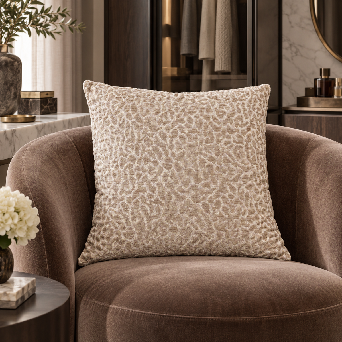 Richmond Interiors Noa Beige Leopard Cushion luxury lifestyle image