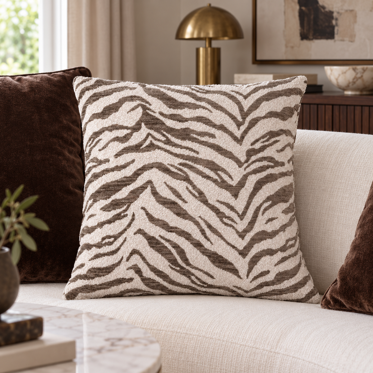 Richmond Interiors Tara Taupe Tiger Cushion luxury lifestyle image