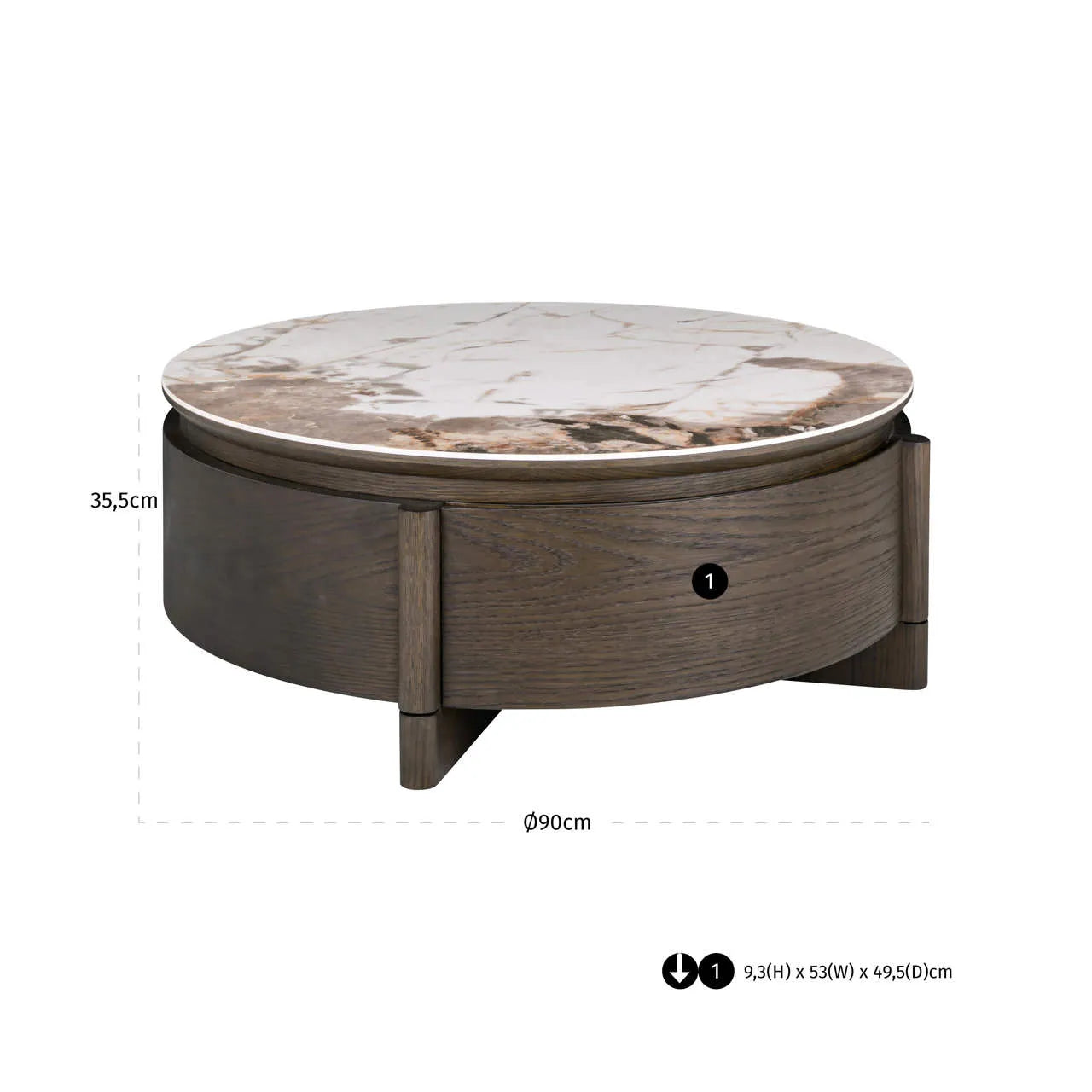 Richmond Interiors Langford Brown 1-Drawer Oak Wood & Ceramic Round Coffee Table 90cm
